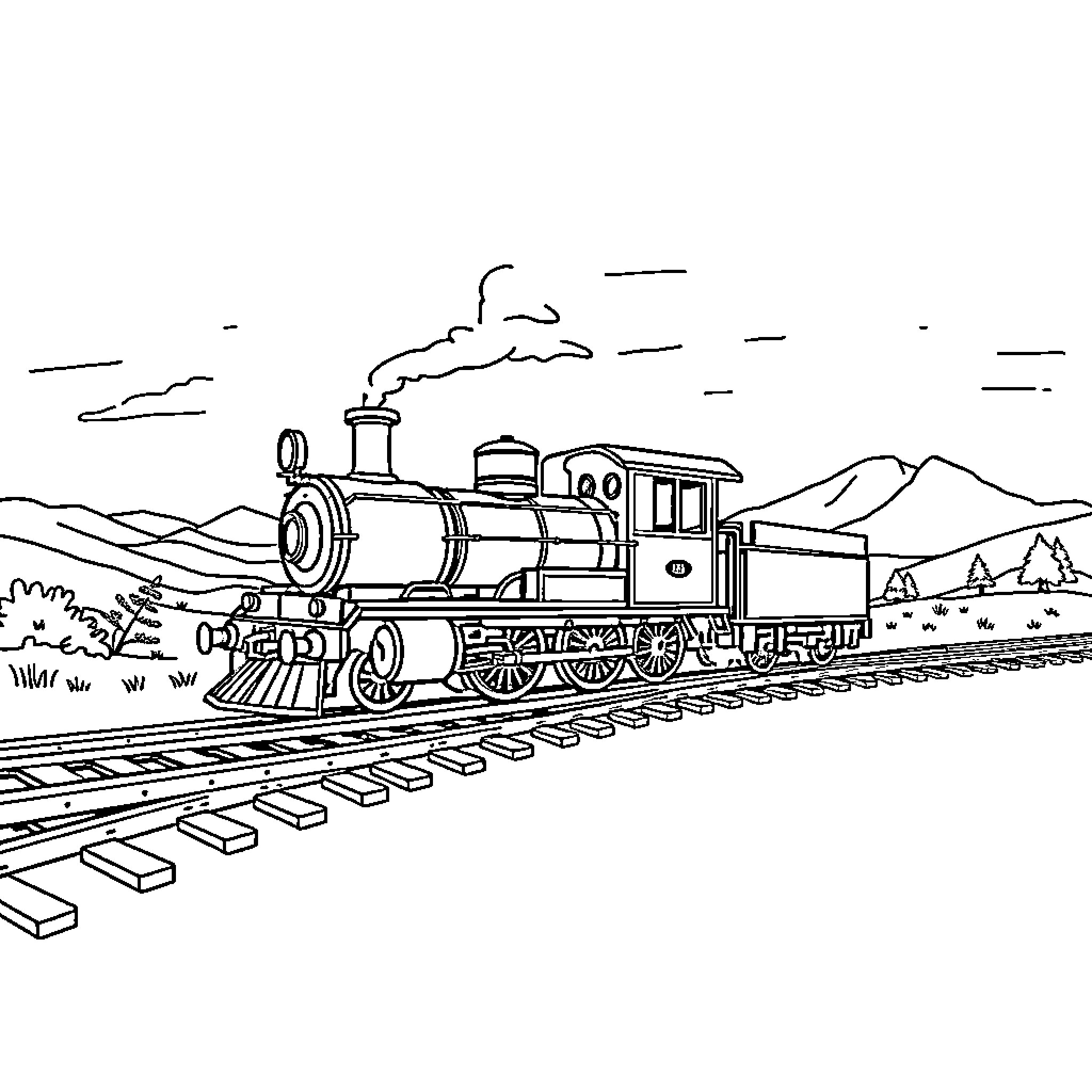 Train traveling through scenic countryside landscape Coloring Page (free black-and-white line drawing printable PDF for all, from beginners to advanced learners, including children, teens, adults, and seniors)