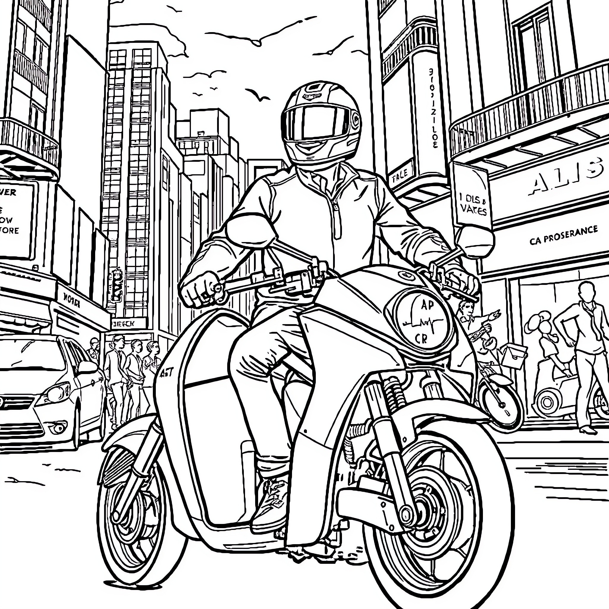 Homme riding motorcycle in busy city street Coloring Page (free black-and-white line drawing printable PDF for all, from beginners to advanced learners, including children, teens, adults, and seniors)
