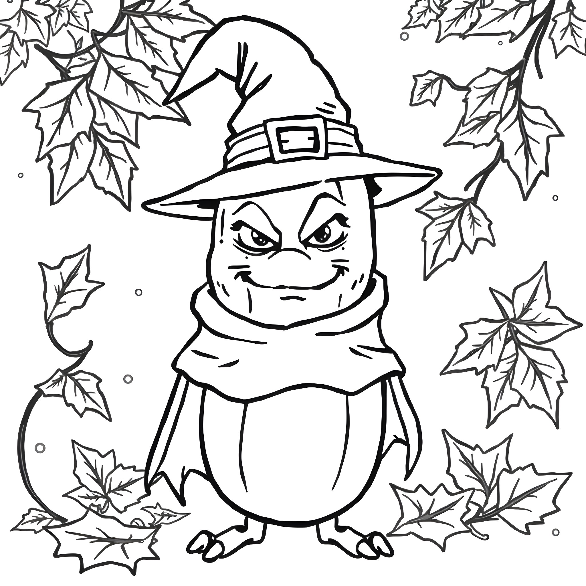 Pickle the Mischievous Wizard in the Autumn Leaves Coloring Page (free black-and-white line drawing printable PDF for all, from beginners to advanced learners, including children, teens, adults, and seniors)