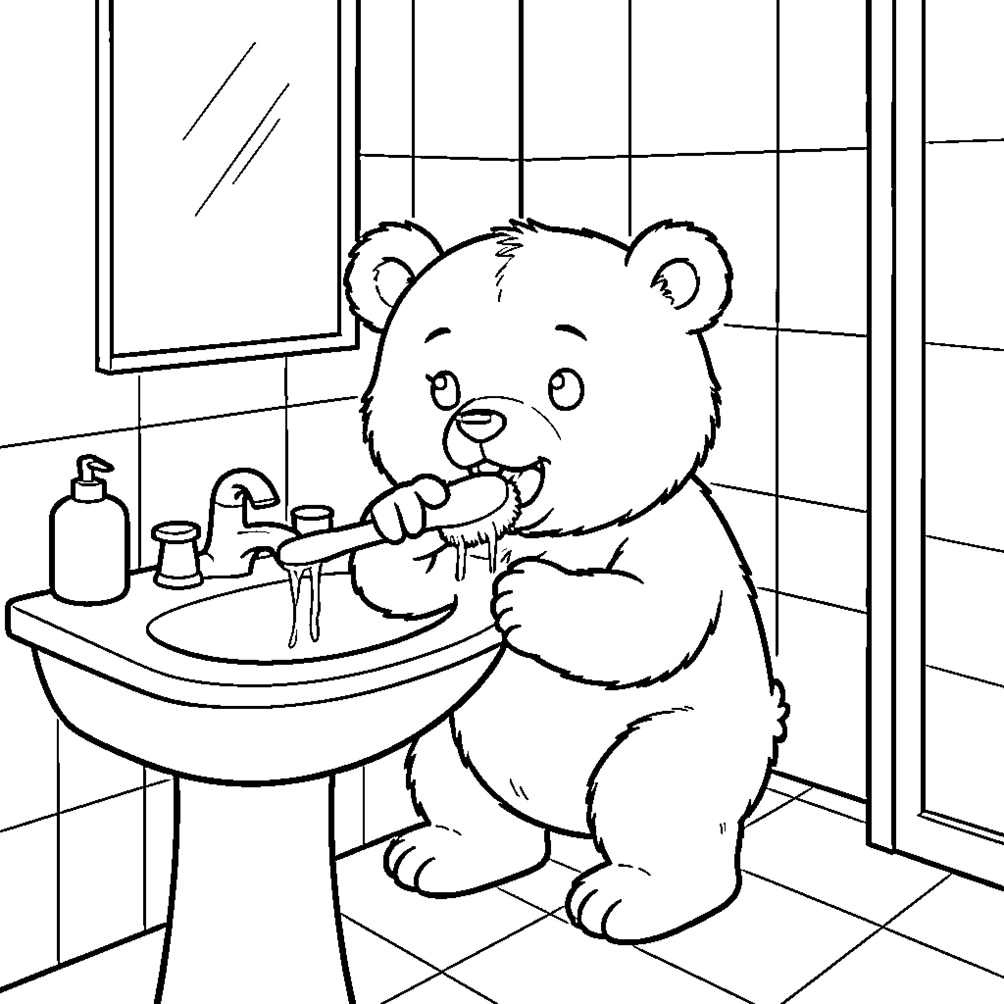 Brown Bear brushing teeth at a bathroom sink Coloring Page (free black-and-white line drawing printable PDF for all, from beginners to advanced learners, including children, teens, adults, and seniors)