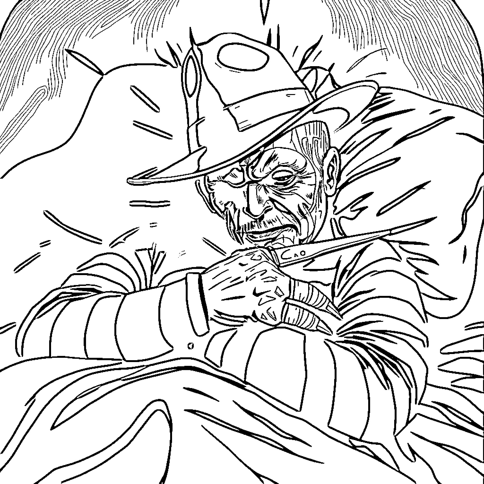 Freddy Kruger terrorizing nightmares with clawed glove Coloring Page (free black-and-white line drawing printable PDF for all, from beginners to advanced learners, including children, teens, adults, and seniors)
