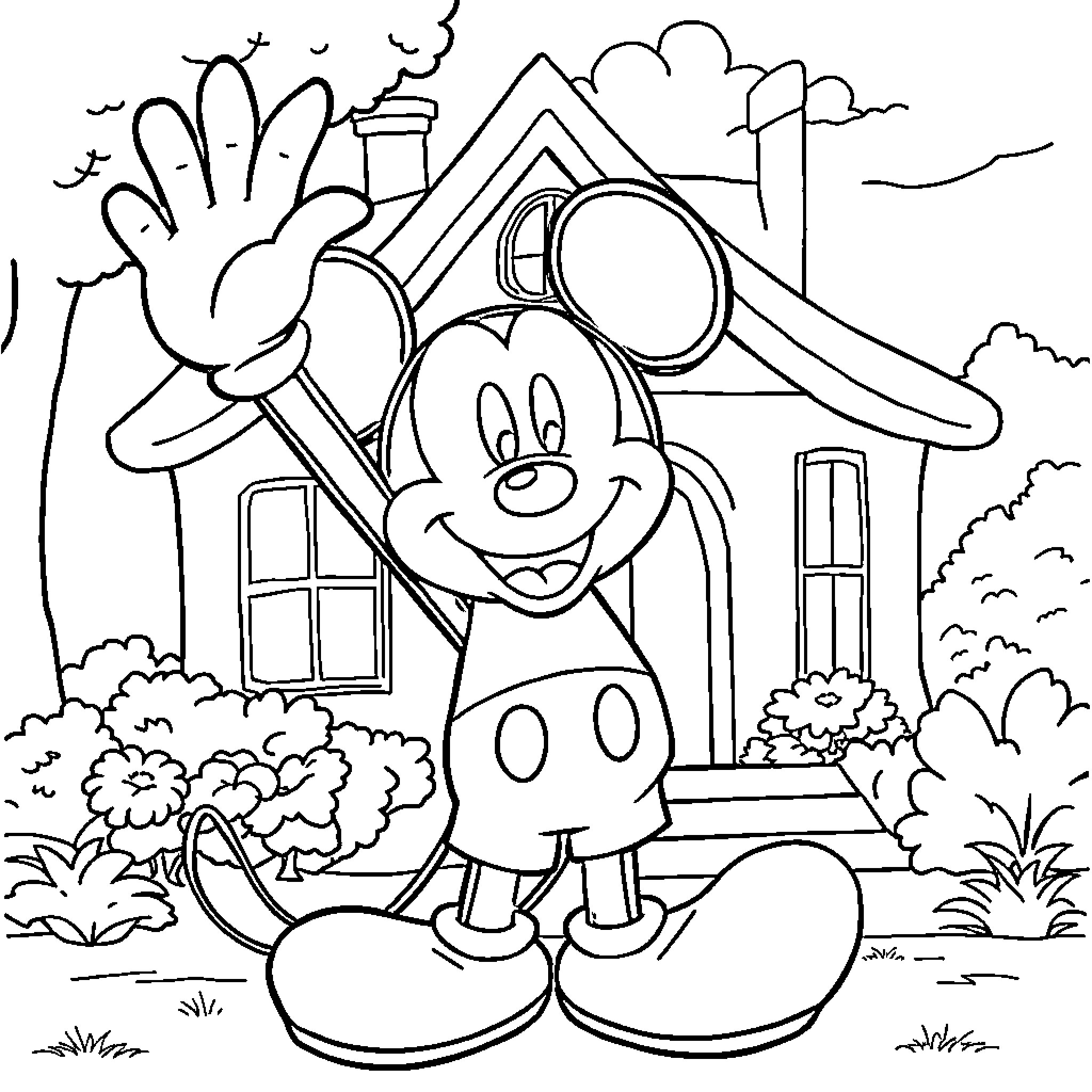 Mickey Mouse Waving in Front of House Coloring Page (free black-and-white line drawing printable PDF for all, from beginners to advanced learners, including children, teens, adults, and seniors)