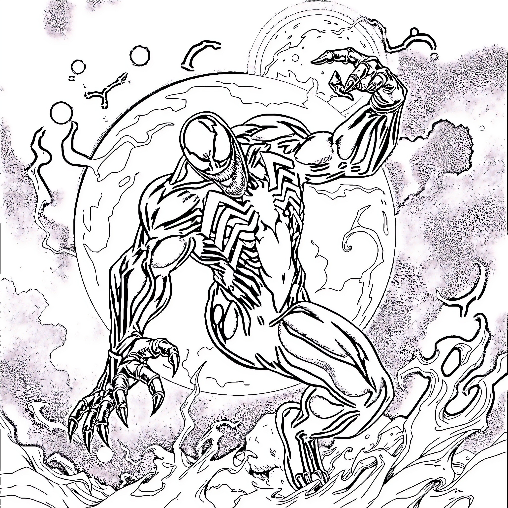 Venom Unleashed in Cosmic Chaos Coloring Page (free black-and-white line drawing printable PDF for all, from beginners to advanced learners, including children, teens, adults, and seniors)