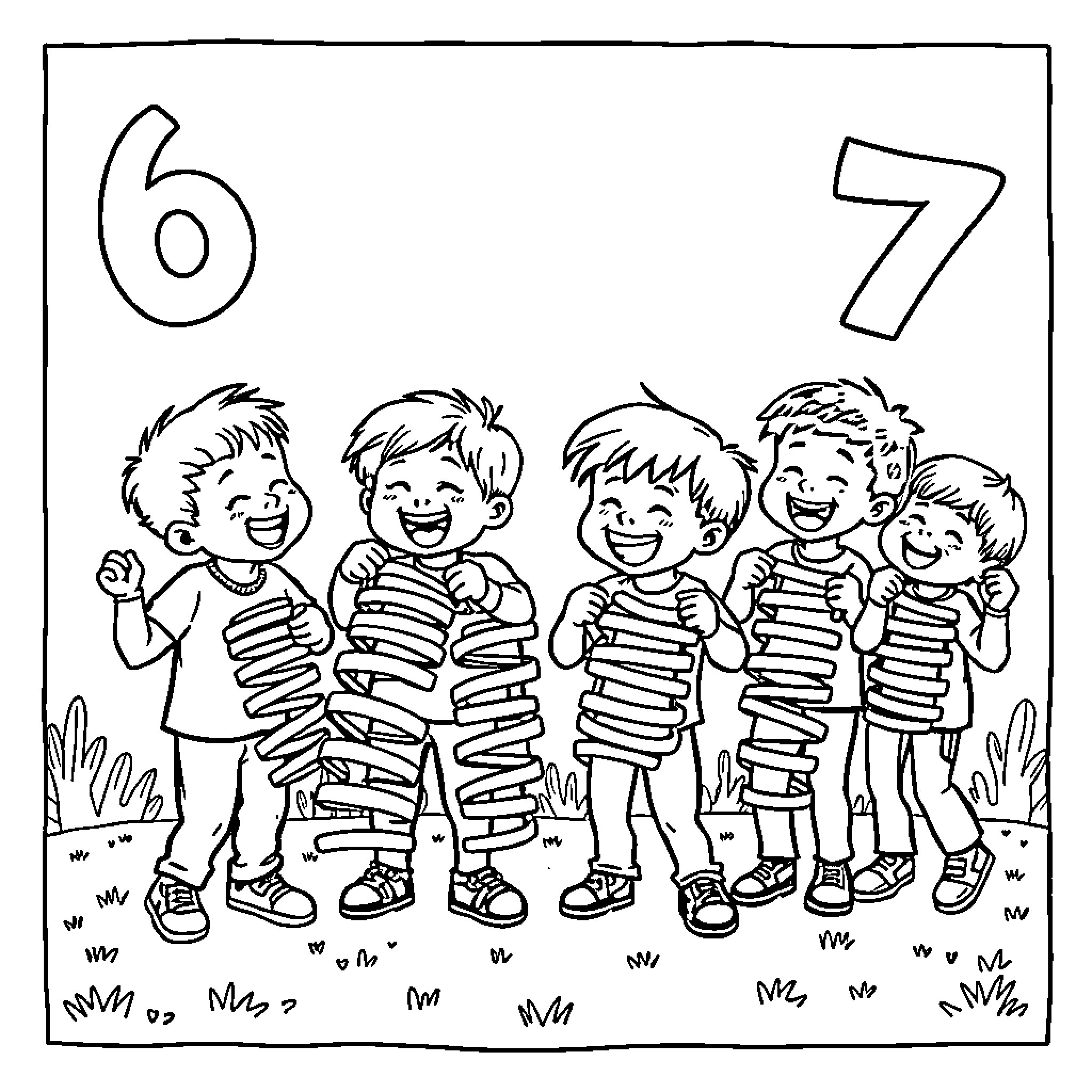 Kids playing and laughing together outdoors Coloring Page (free black-and-white line drawing printable PDF for all, from beginners to advanced learners, including children, teens, adults, and seniors)