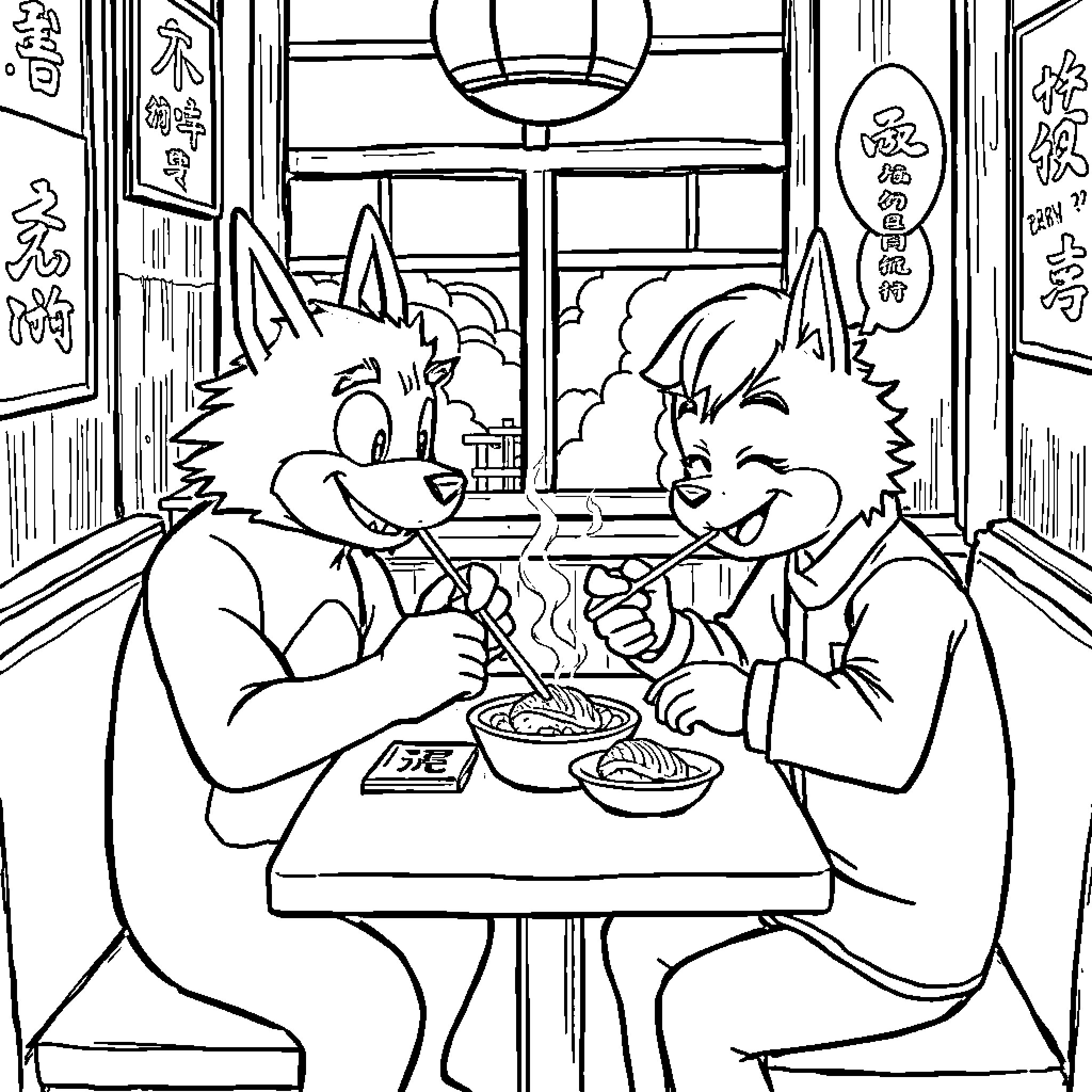 Huntrix Dining Experience of Two Jovial Canines Coloring Page (free black-and-white line drawing printable PDF for all, from beginners to advanced learners, including children, teens, adults, and seniors)
