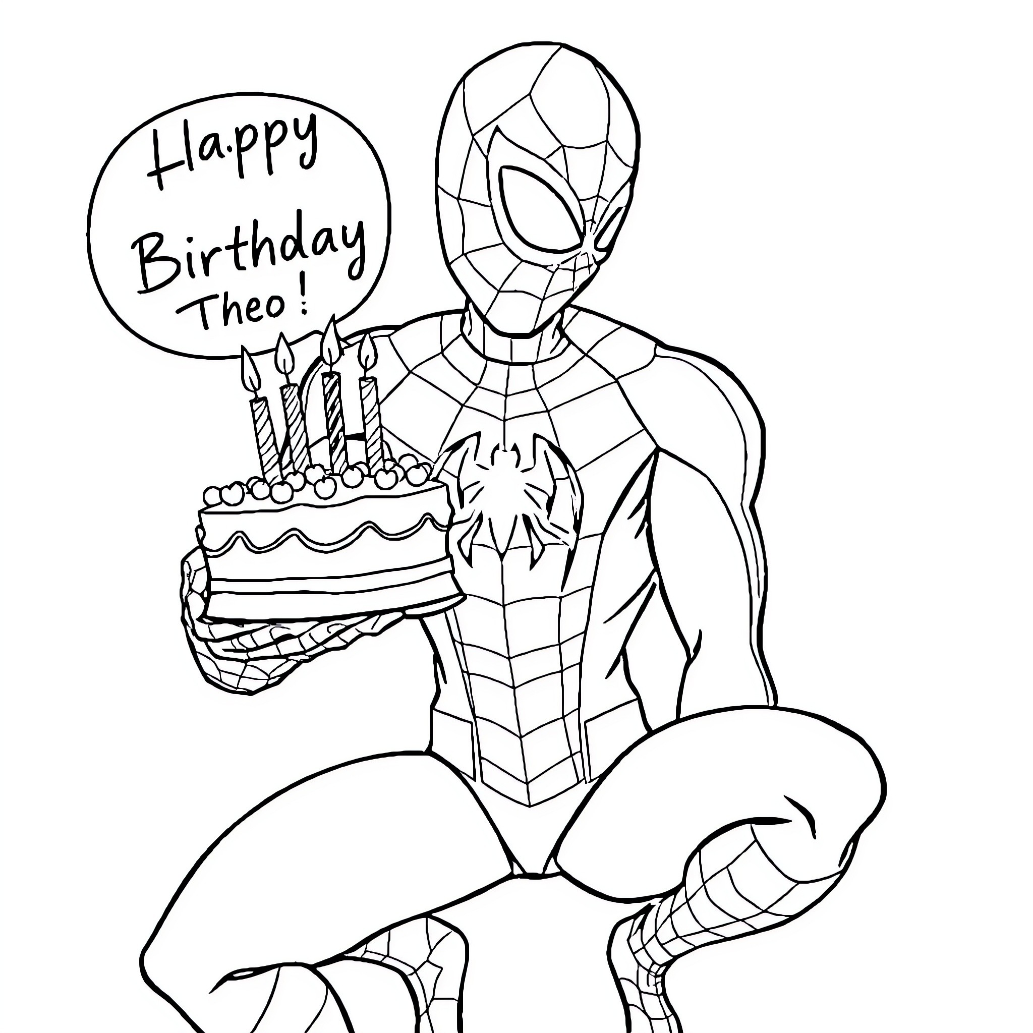 Spider-Man celebrating birthday with cake Coloring Page (free black-and-white line drawing printable PDF for all, from beginners to advanced learners, including children, teens, adults, and seniors)