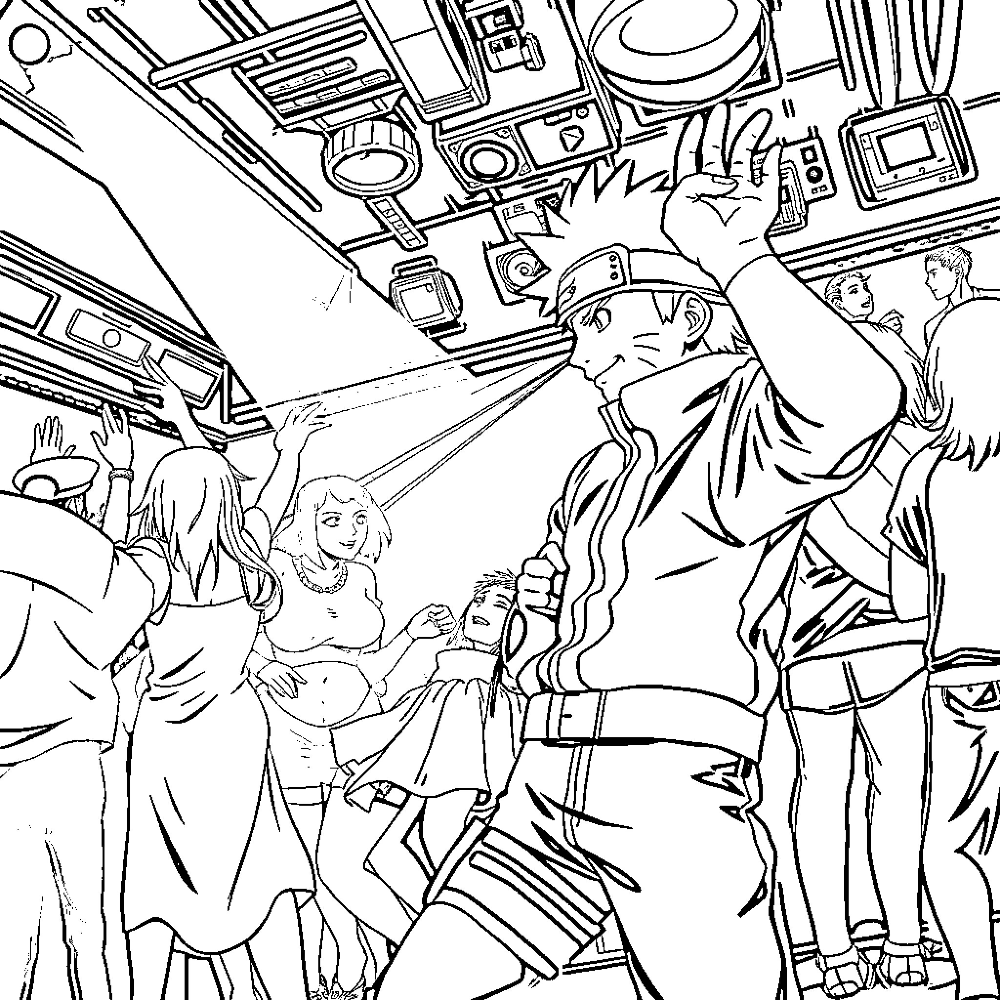 Naruto characters in a chaotic scene Coloring Page (free black-and-white line drawing printable PDF for all, from beginners to advanced learners, including children, teens, adults, and seniors)