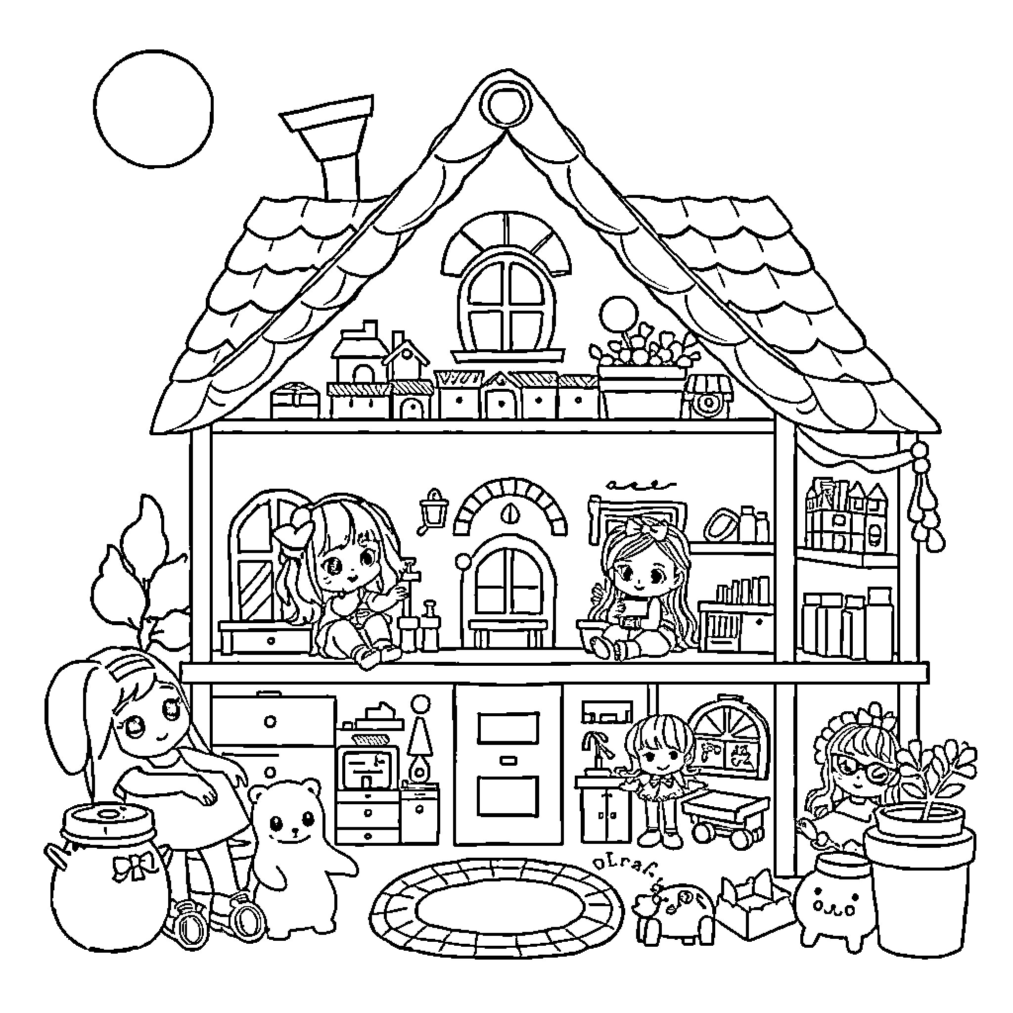 Gabby's Playful Dollhouse Adventure Coloring Page (free black-and-white line drawing printable PDF for all, from beginners to advanced learners, including children, teens, adults, and seniors)
