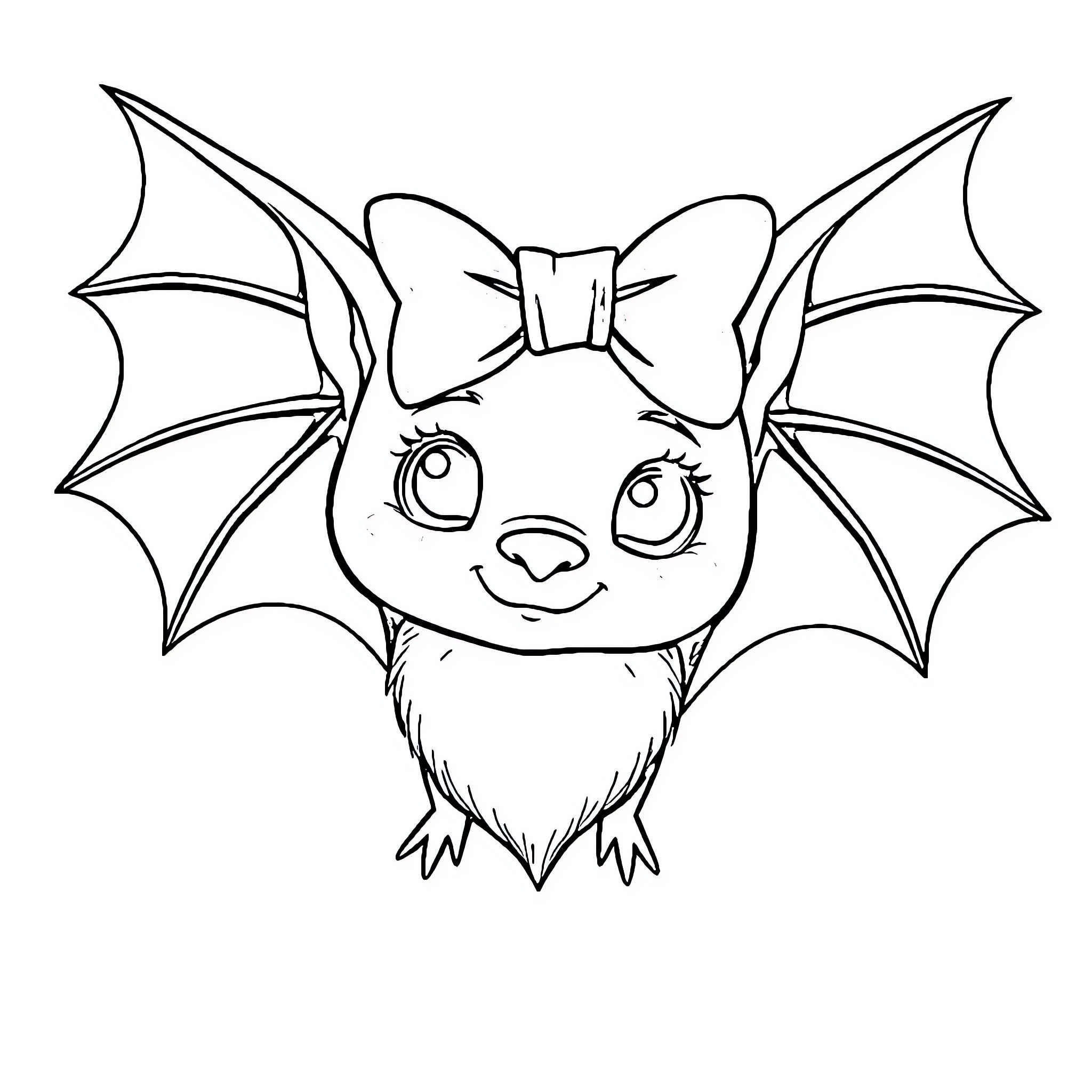 Bat with a bow taking flight Coloring Page (free black-and-white line drawing printable PDF for all, from beginners to advanced learners, including children, teens, adults, and seniors)