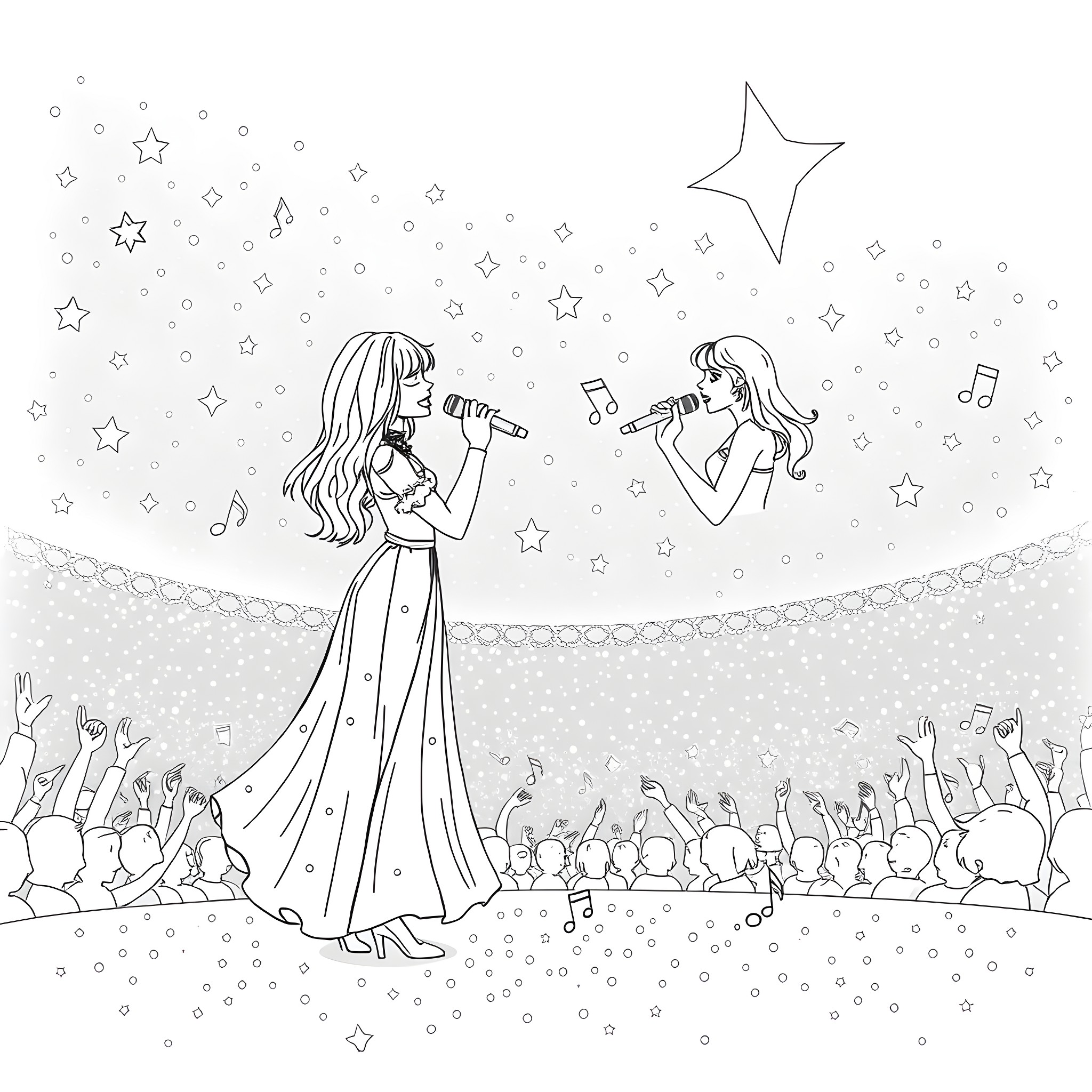 Isadora Moon Performing on Stage with Audience Coloring Page (free black-and-white line drawing printable PDF for all, from beginners to advanced learners, including children, teens, adults, and seniors)