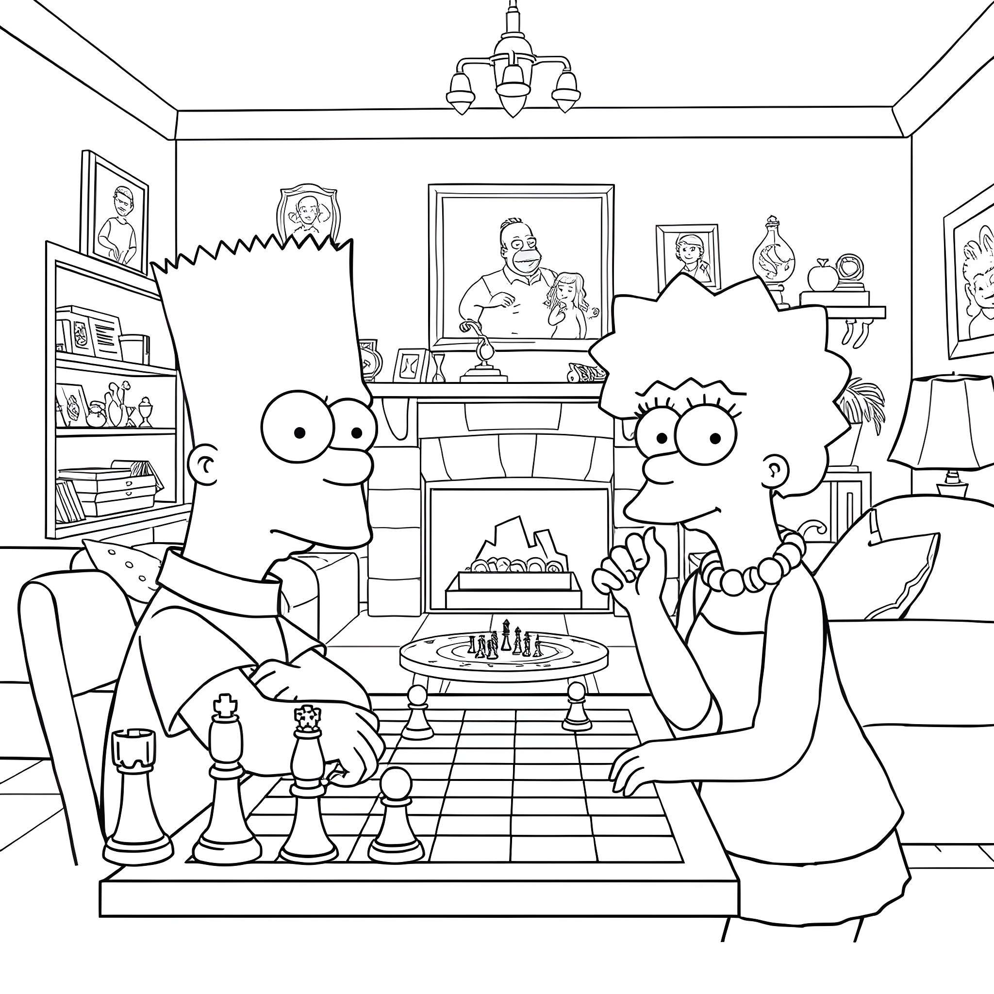 Bart Simpson's chess game with family at home Coloring Page (free black-and-white line drawing printable PDF for all, from beginners to advanced learners, including children, teens, adults, and seniors)