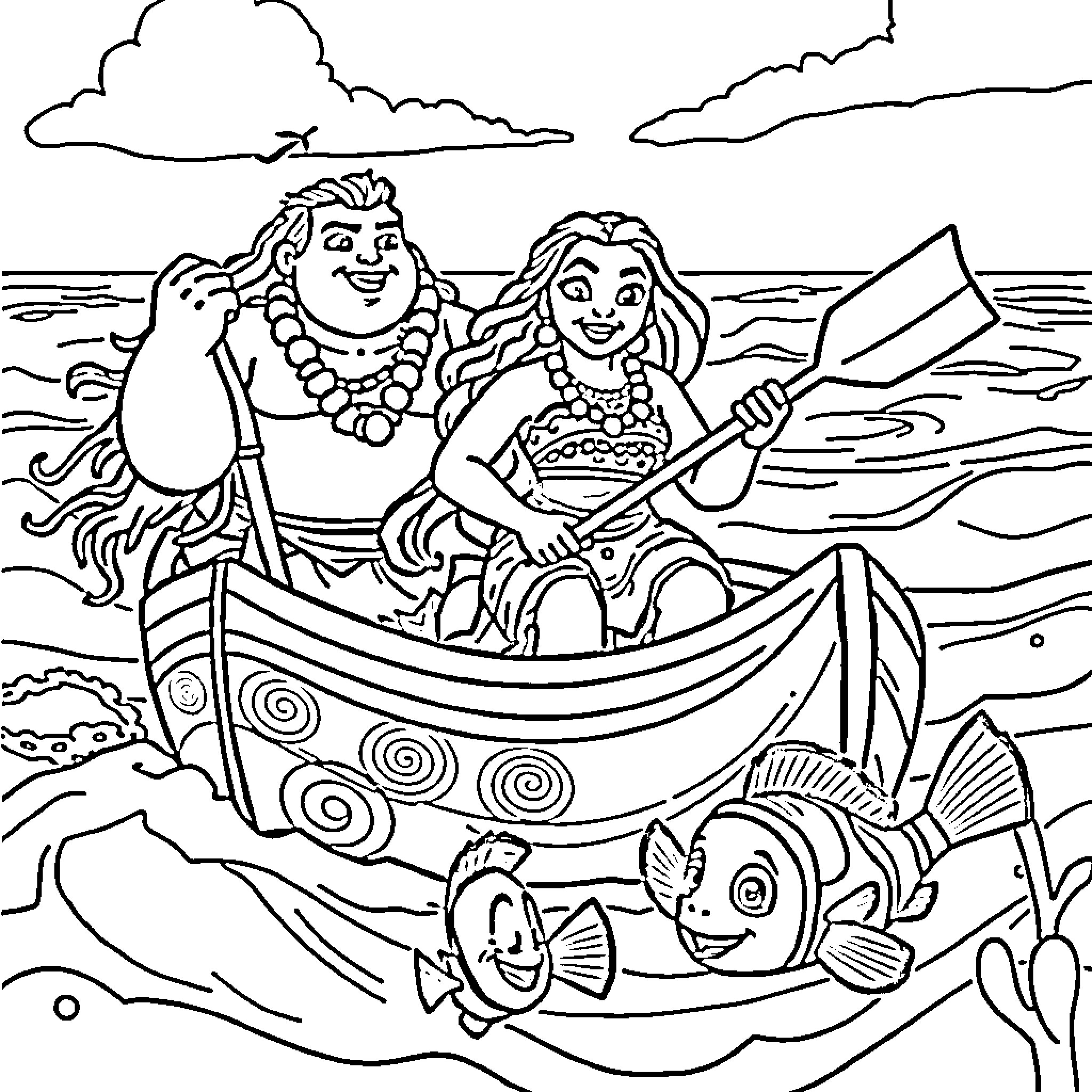 Moana and friends enjoying a boat ride Coloring Page (free black-and-white line drawing printable PDF for all, from beginners to advanced learners, including children, teens, adults, and seniors)