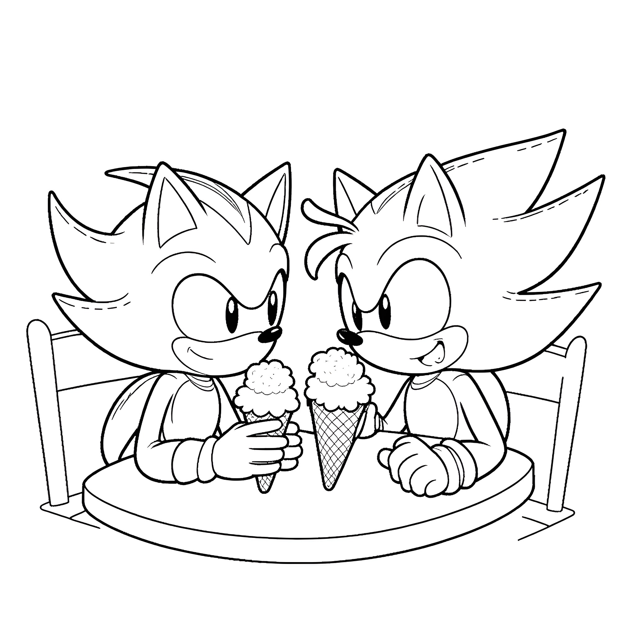 Sonic Characters Enjoying Ice Cream Together Coloring Page (free black-and-white line drawing printable PDF for all, from beginners to advanced learners, including children, teens, adults, and seniors)