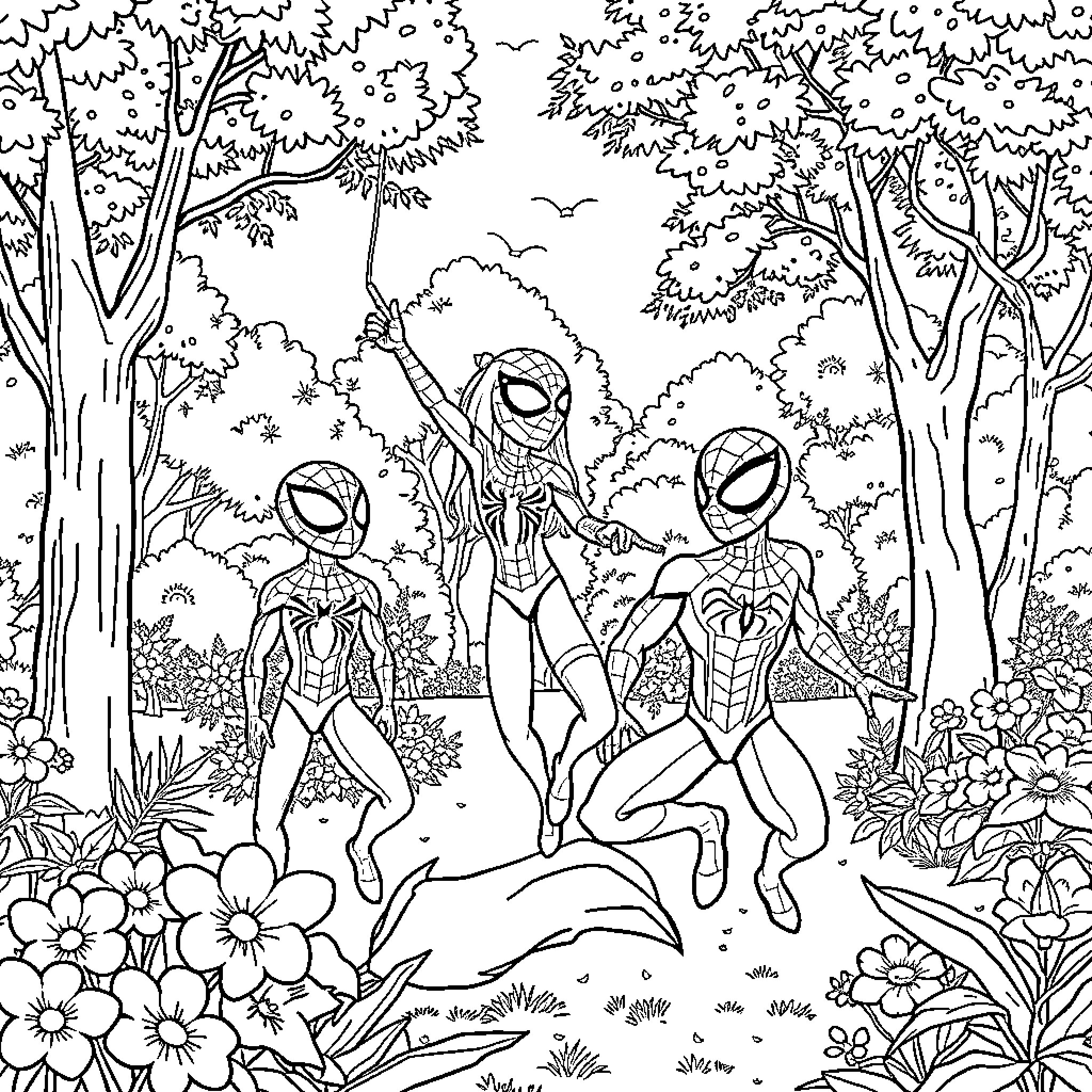 Spidey trio swinging through enchanted forest Coloring Page (free black-and-white line drawing printable PDF for all, from beginners to advanced learners, including children, teens, adults, and seniors)