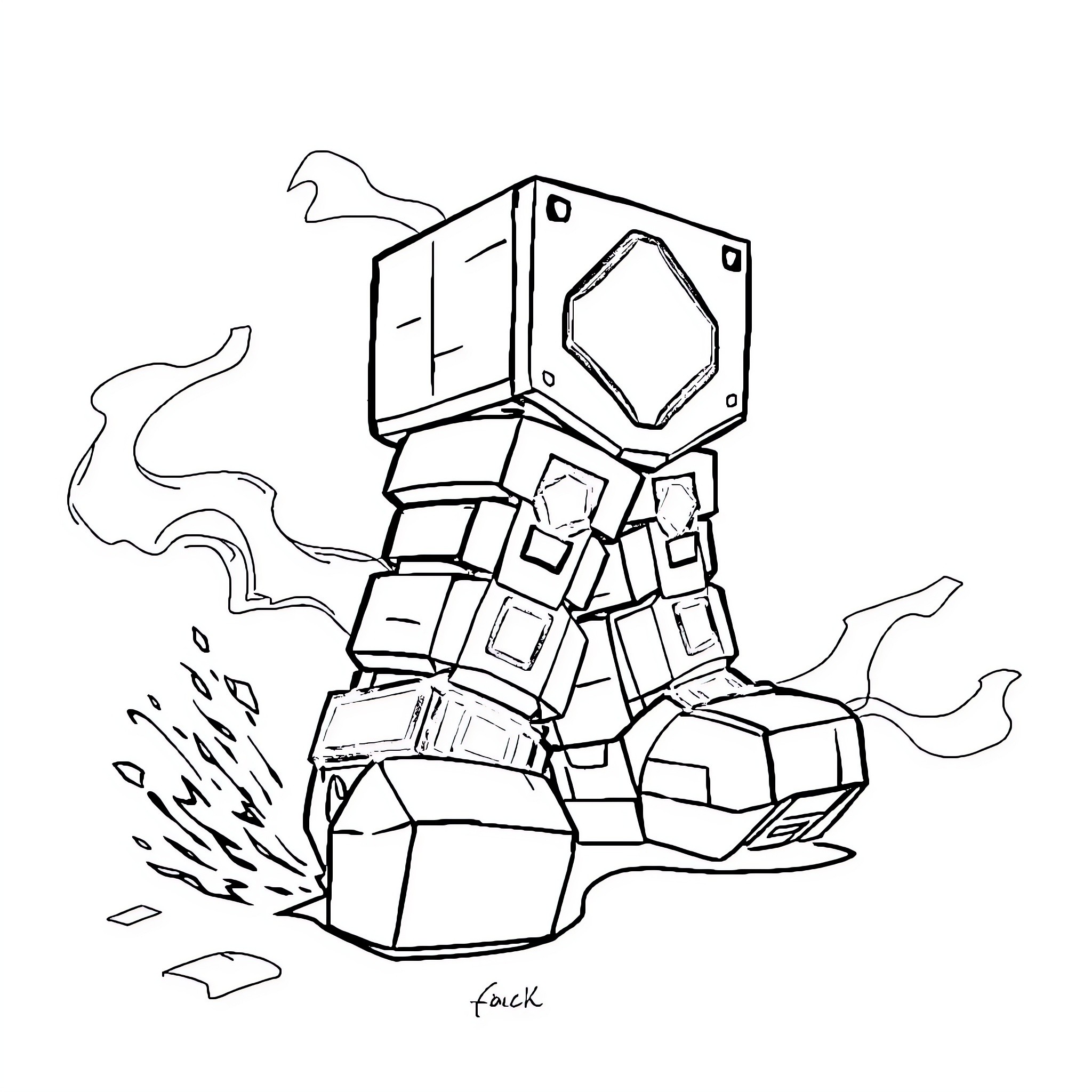 Boots exploring a complex mechanical structure Coloring Page (free black-and-white line drawing printable PDF for all, from beginners to advanced learners, including children, teens, adults, and seniors)