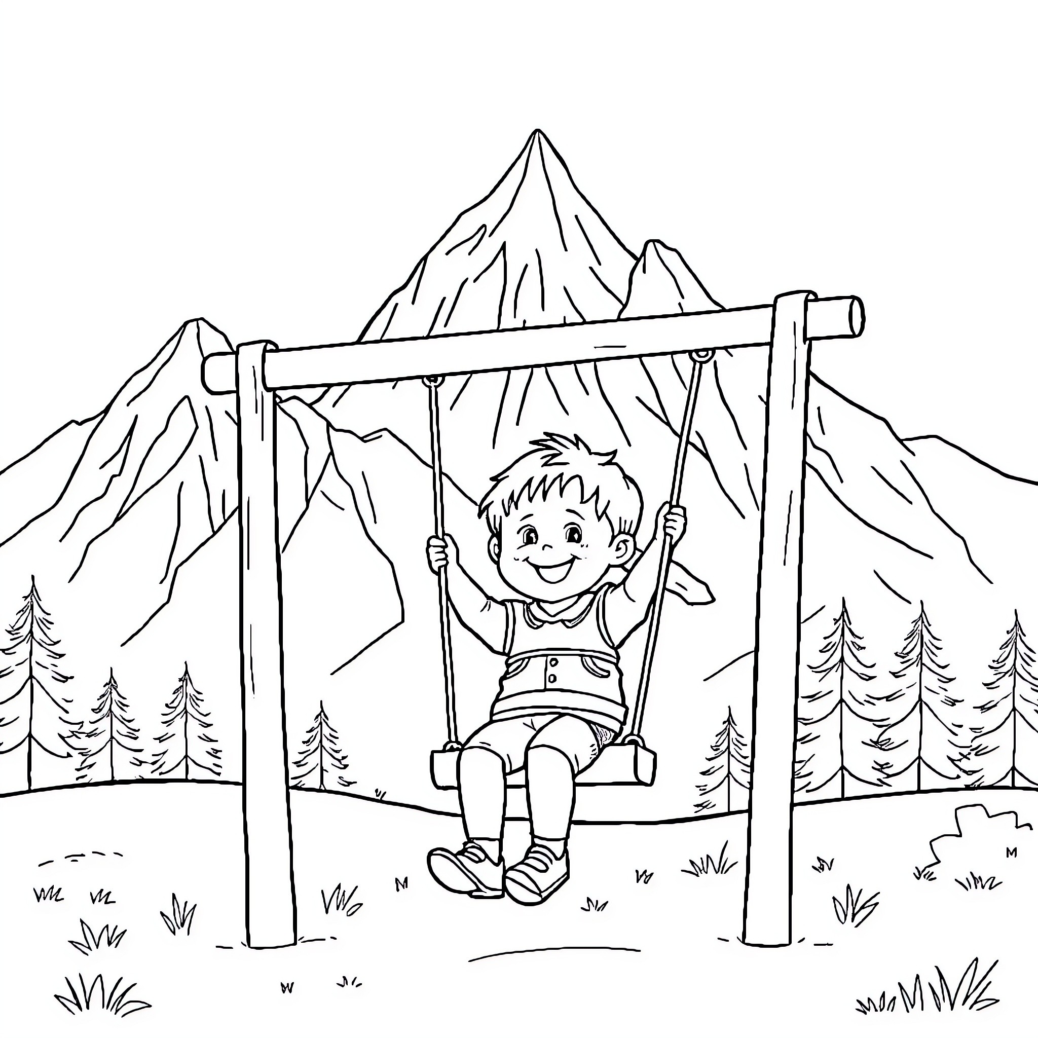 Toddler swinging with mountain view Coloring Page (free black-and-white line drawing printable PDF for all, from beginners to advanced learners, including children, teens, adults, and seniors)