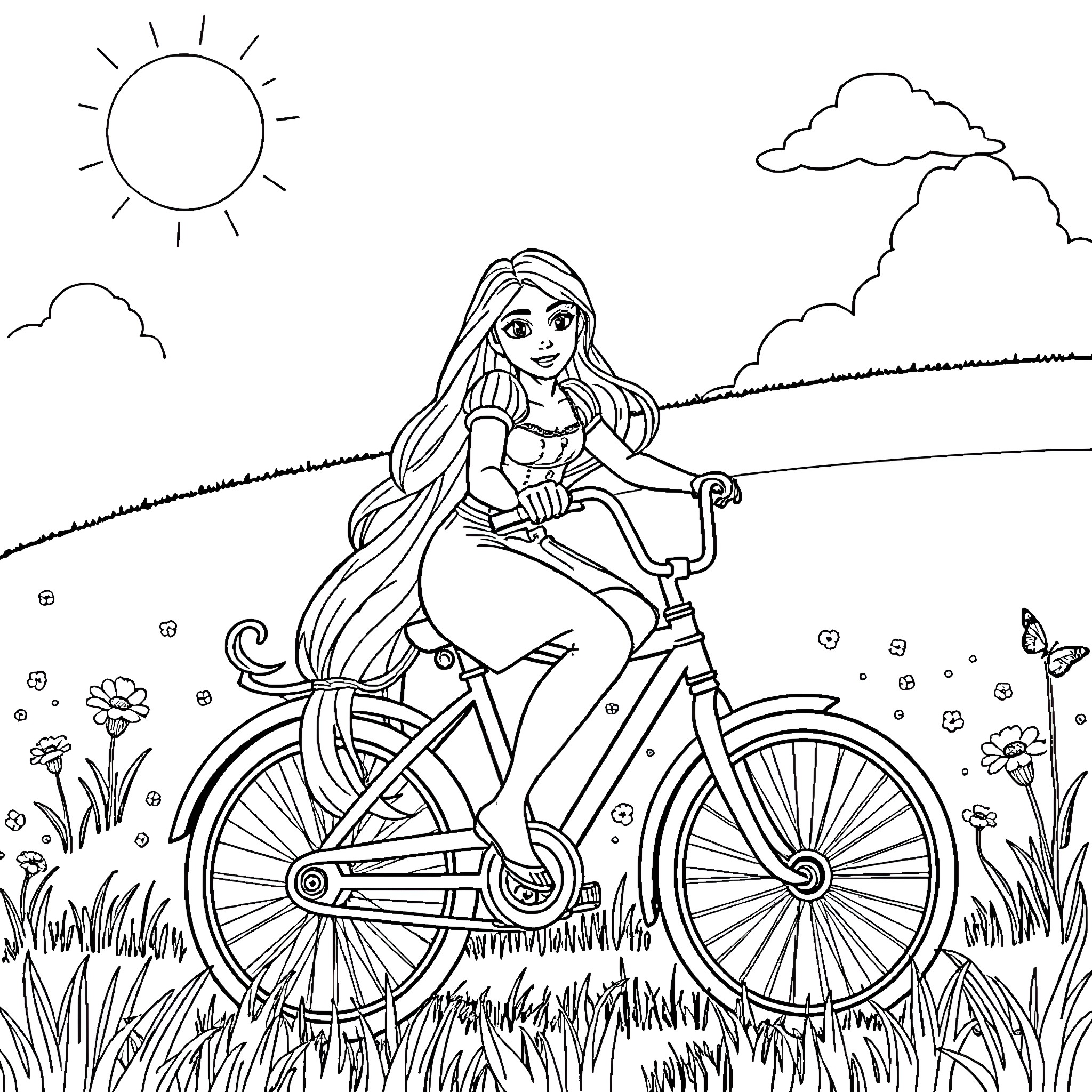 Rapunzel enjoying a bicycle ride in the countryside Coloring Page (free black-and-white line drawing printable PDF for all, from beginners to advanced learners, including children, teens, adults, and seniors)
