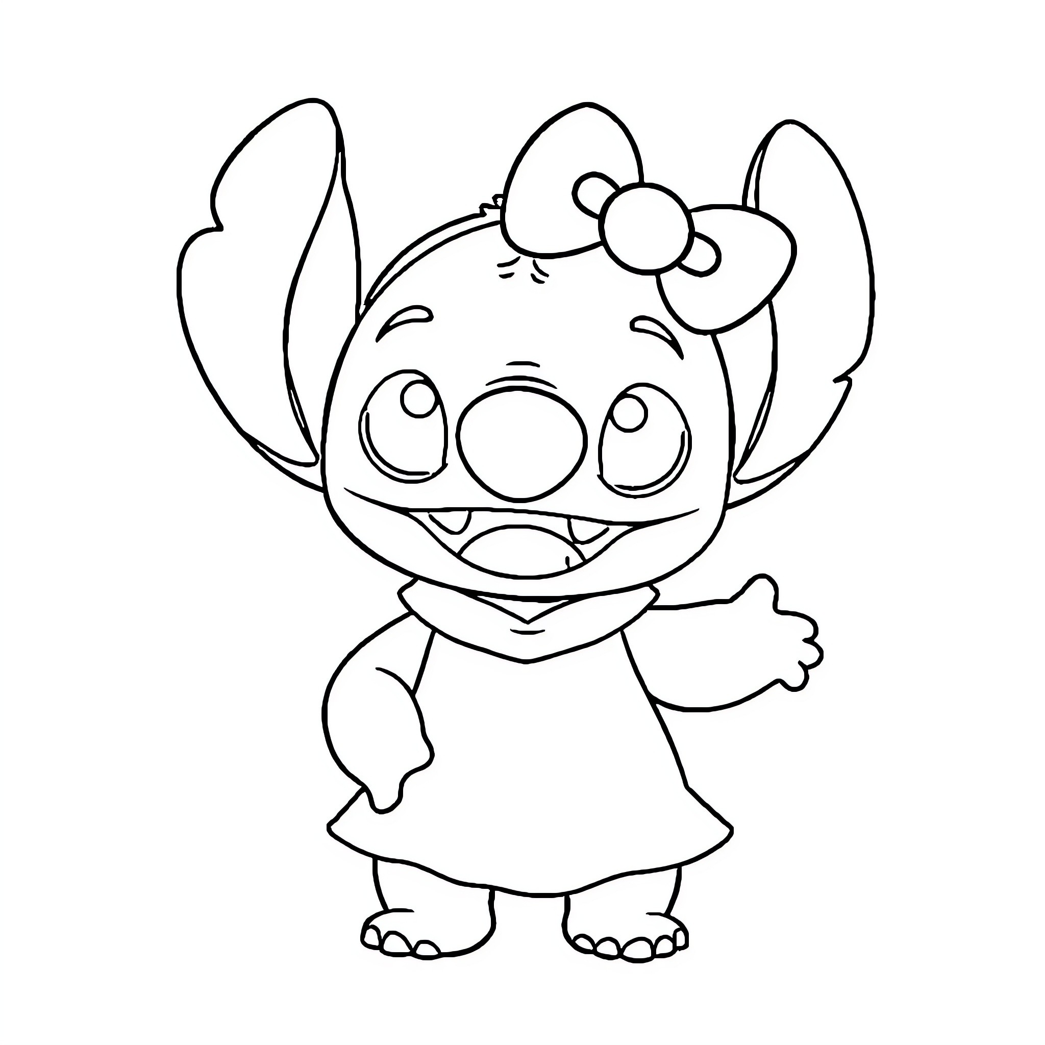 Stitch waving with a bow Coloring Page (free black-and-white line drawing printable PDF for all, from beginners to advanced learners, including children, teens, adults, and seniors)