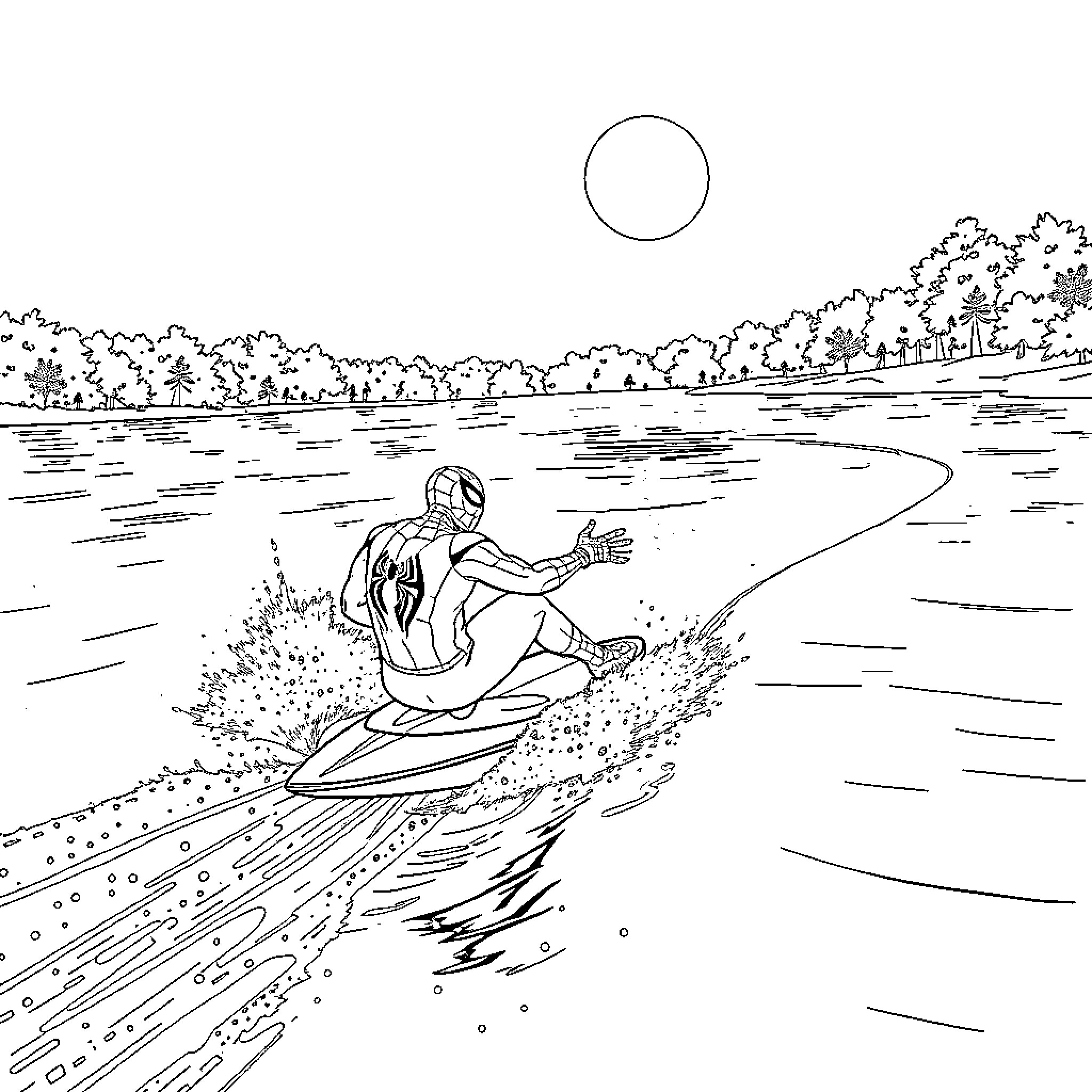 Spider-Man surfing along the coastline Coloring Page (free black-and-white line drawing printable PDF for all, from beginners to advanced learners, including children, teens, adults, and seniors)