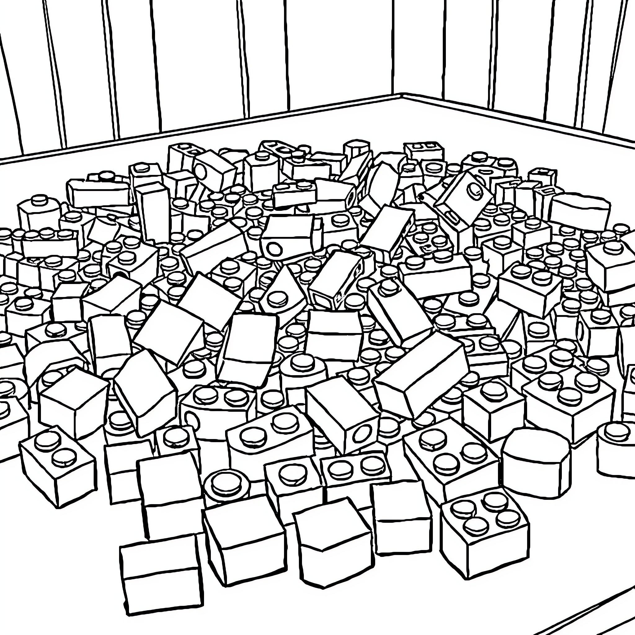 Lego building blocks scattered in a room Coloring Page (free black-and-white line drawing printable PDF for all, from beginners to advanced learners, including children, teens, adults, and seniors)