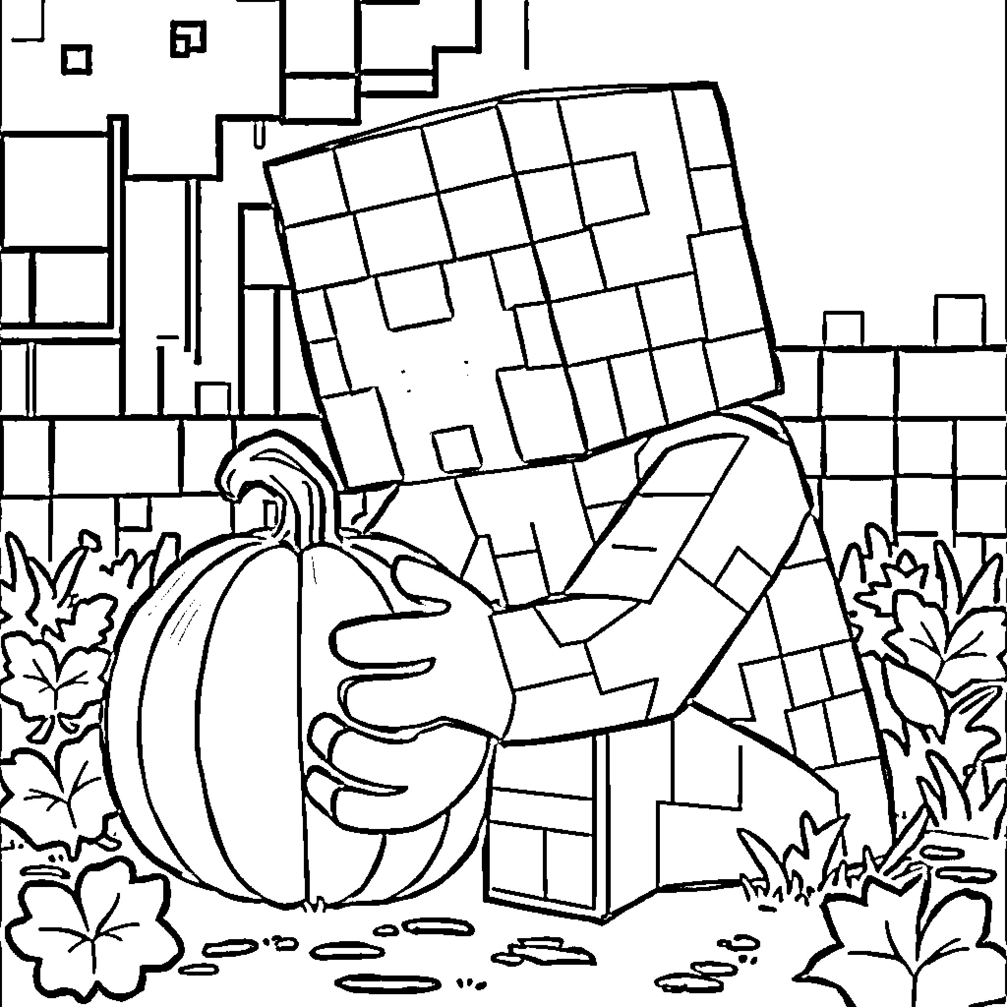 Creeper lurking in a pumpkin patch Coloring Page (free black-and-white line drawing printable PDF for all, from beginners to advanced learners, including children, teens, adults, and seniors)