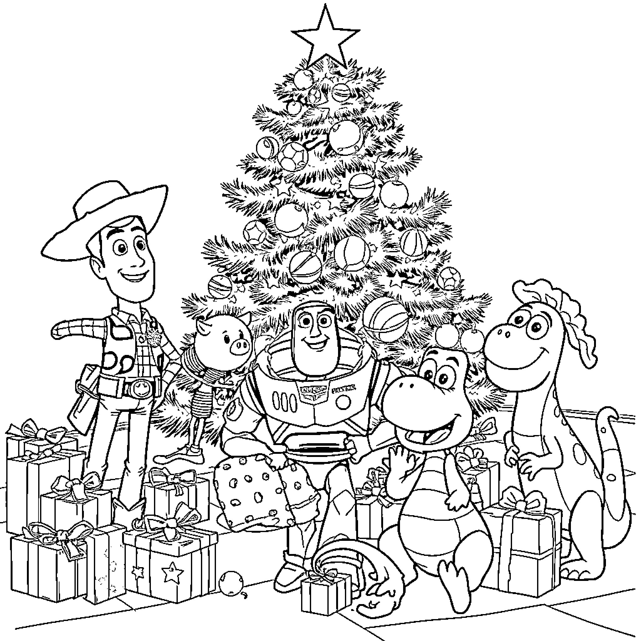 Toy characters celebrating Christmas around a decorated tree Coloring Page (free black-and-white line drawing printable PDF for all, from beginners to advanced learners, including children, teens, adults, and seniors)