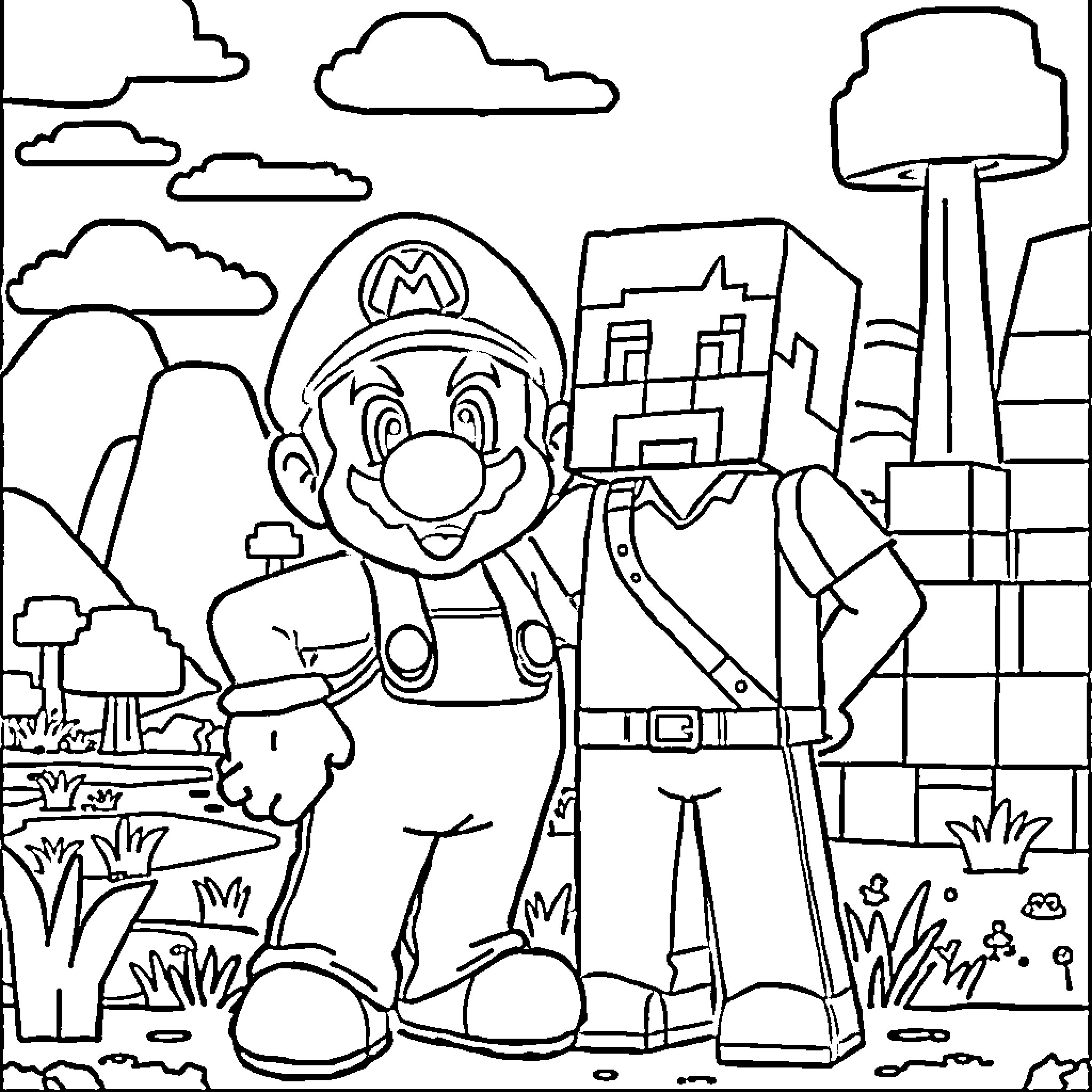 Super Mario in an animated city landscape Coloring Page (free black-and-white line drawing printable PDF for all, from beginners to advanced learners, including children, teens, adults, and seniors)