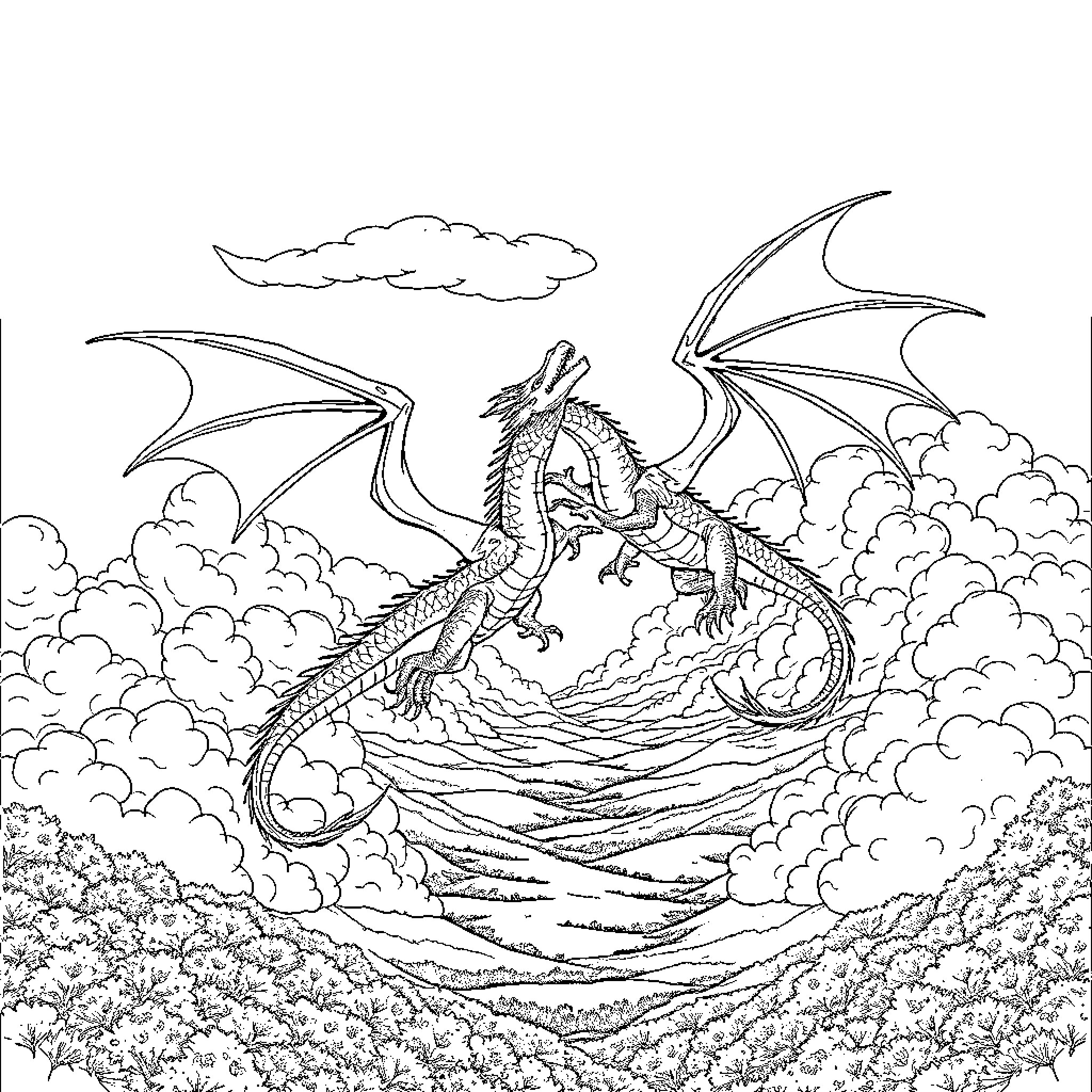 Dragon soaring majestically through the clouds Coloring Page (free black-and-white line drawing printable PDF for all, from beginners to advanced learners, including children, teens, adults, and seniors)