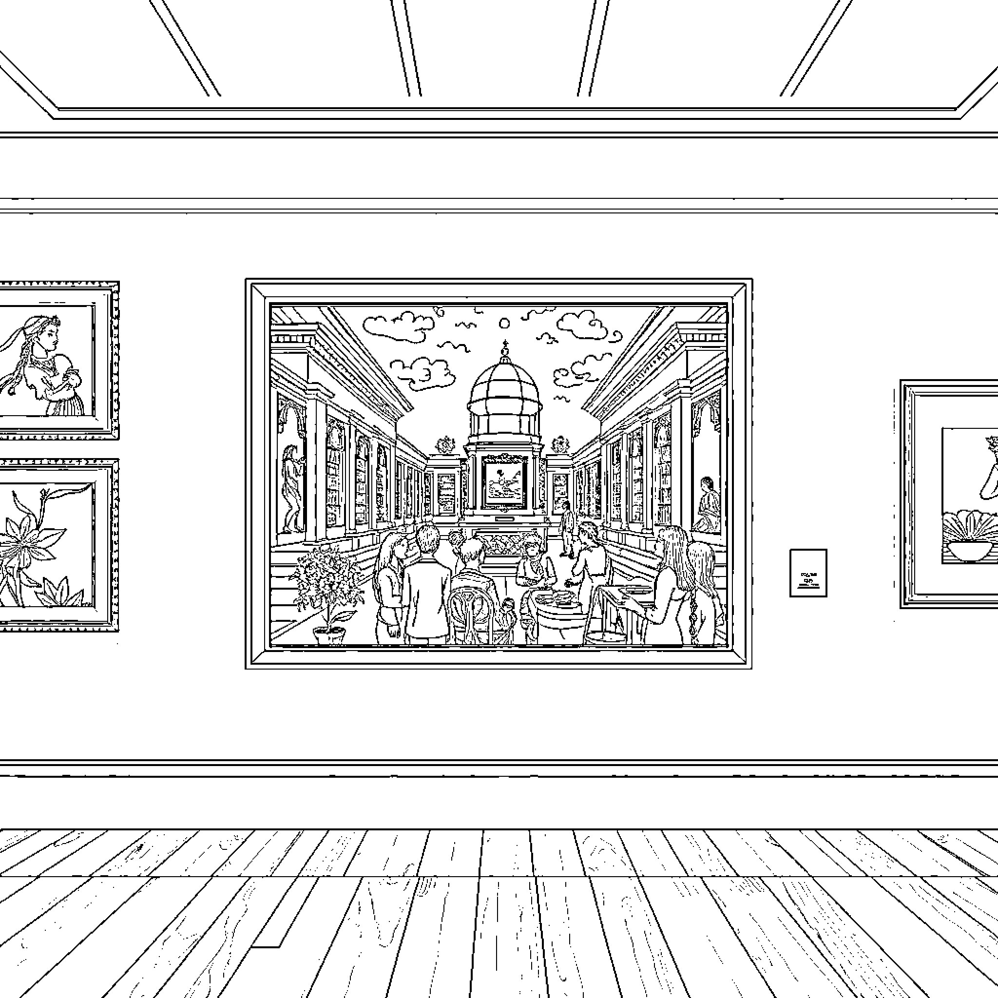 Painting of a Busy Museum Interior Coloring Page (free black-and-white line drawing printable PDF for all, from beginners to advanced learners, including children, teens, adults, and seniors)