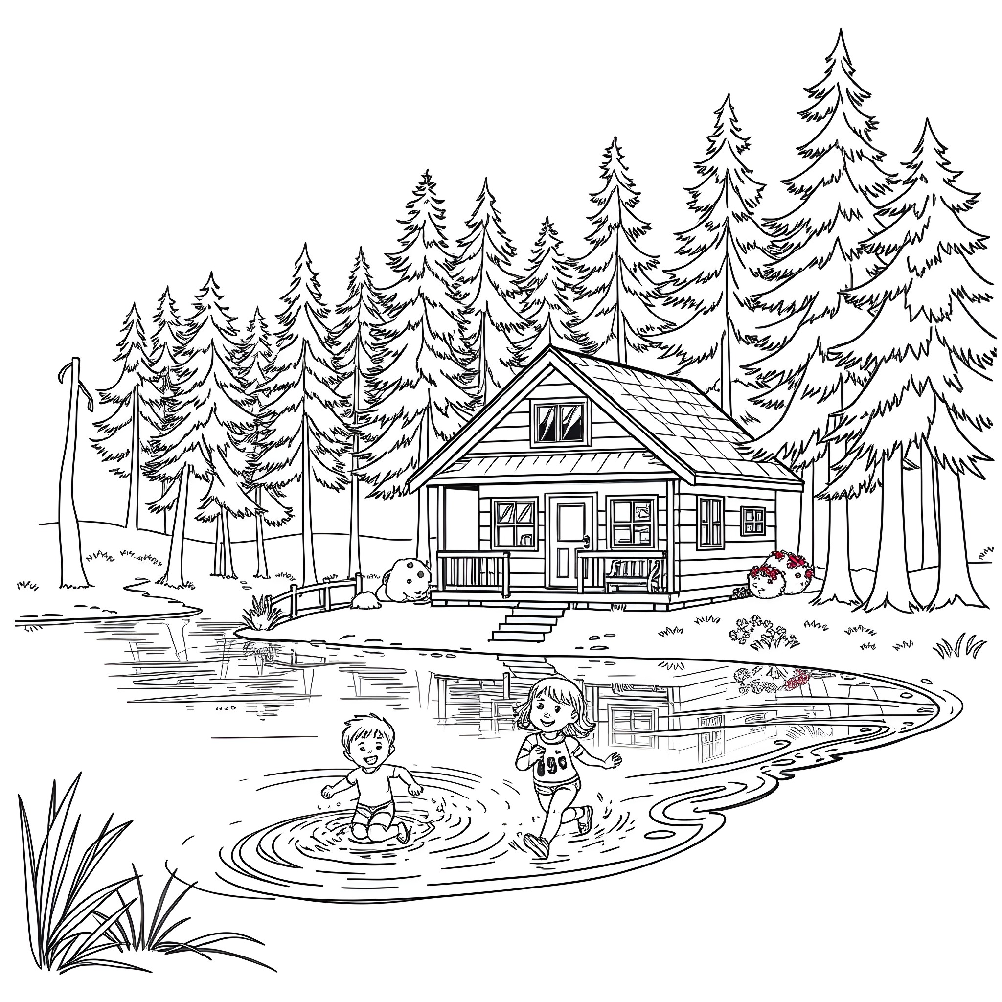 Kid enjoying summer at the cabin in the woods Coloring Page (free black-and-white line drawing printable PDF for all, from beginners to advanced learners, including children, teens, adults, and seniors)