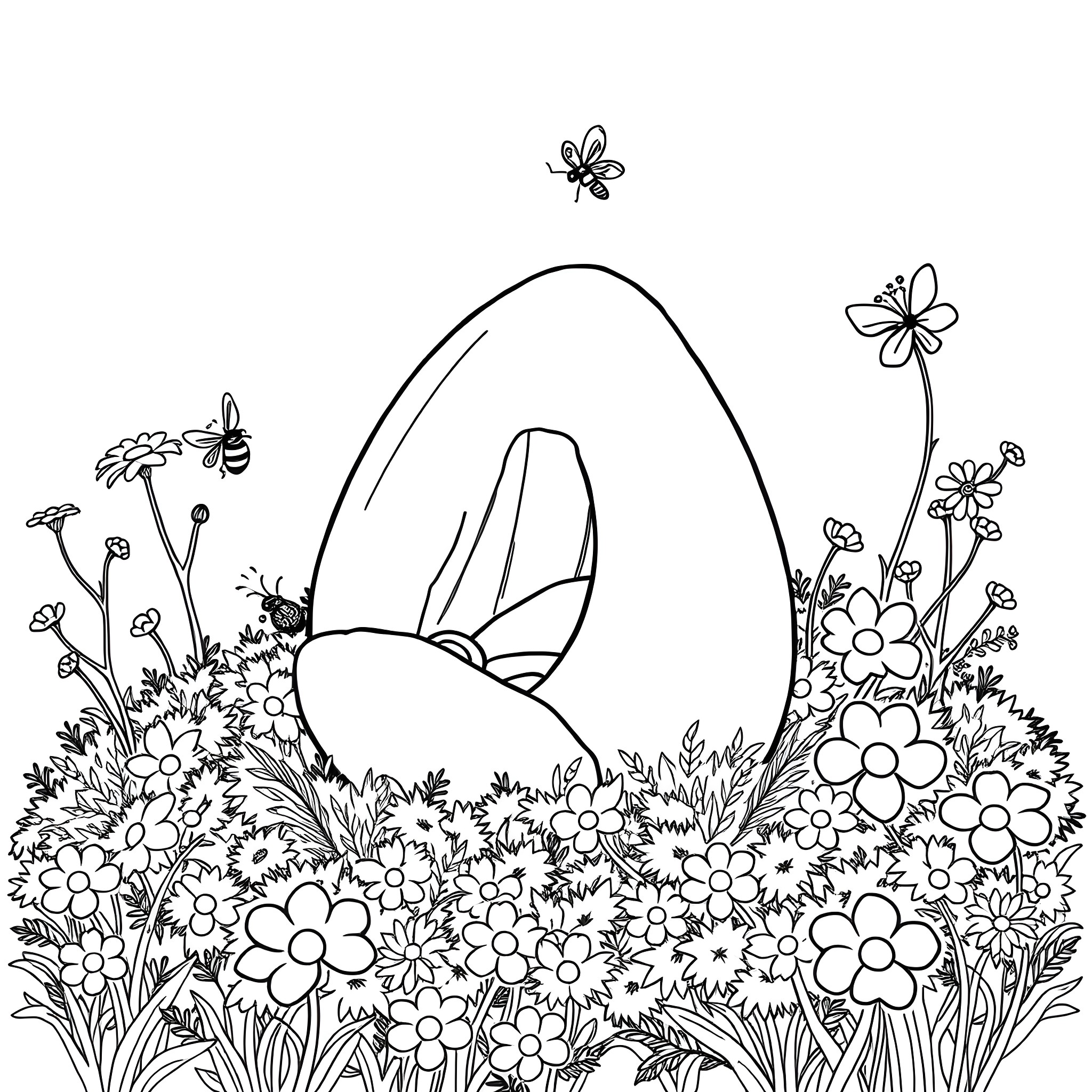 Jelly Egg surrounded by blooming flowers and butterflies Coloring Page (free black-and-white line drawing printable PDF for all, from beginners to advanced learners, including children, teens, adults, and seniors)