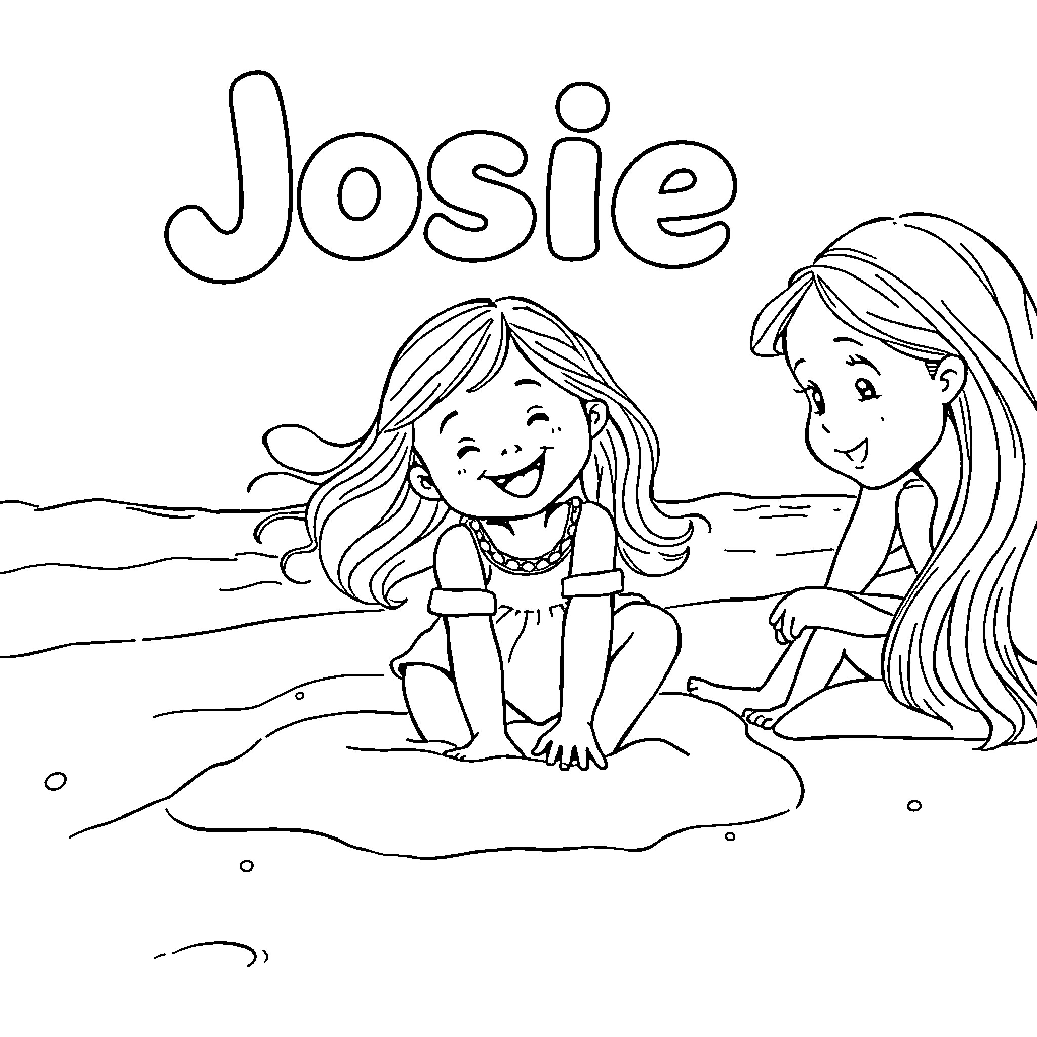 Girls playing happily on the beach Coloring Page (free black-and-white line drawing printable PDF for all, from beginners to advanced learners, including children, teens, adults, and seniors)