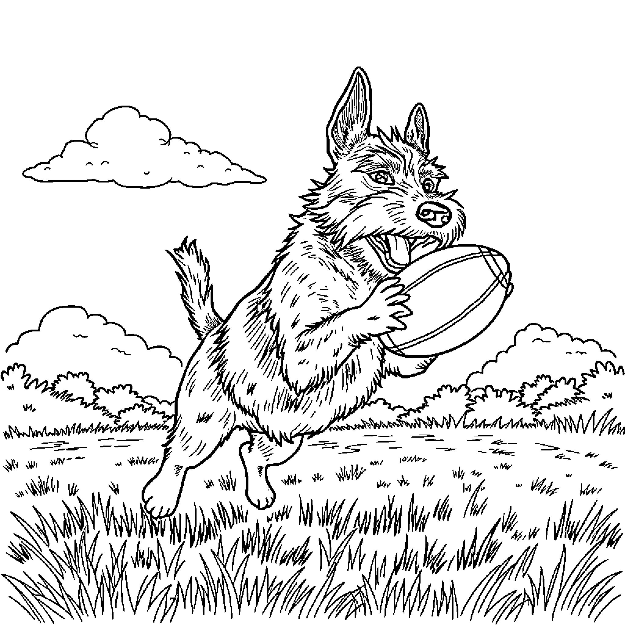 Welsh Terrier playing with frisbee in grassy field Coloring Page (free black-and-white line drawing printable PDF for all, from beginners to advanced learners, including children, teens, adults, and seniors)