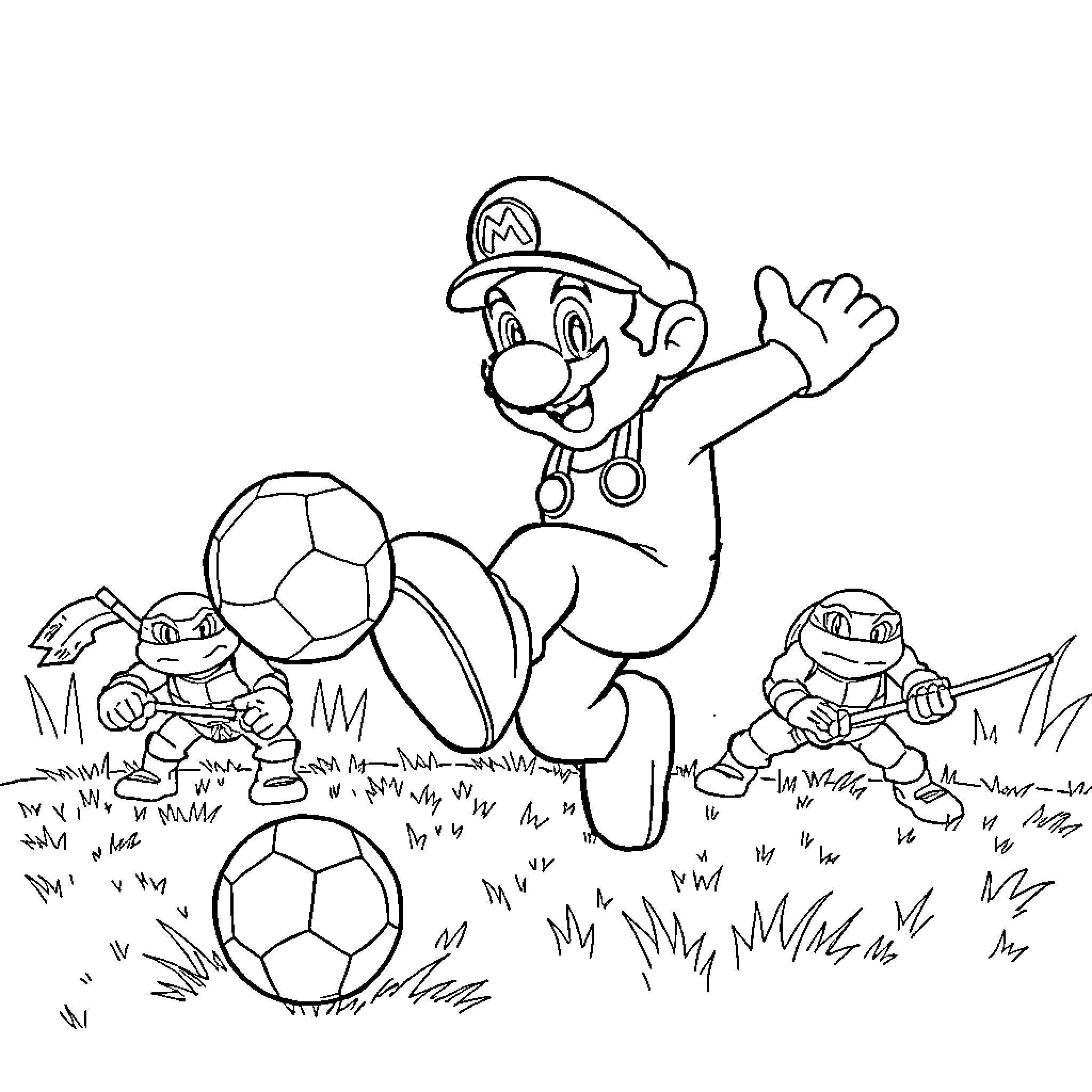 Mario and friends playing soccer in the park Coloring Page (free black-and-white line drawing printable PDF for all, from beginners to advanced learners, including children, teens, adults, and seniors)