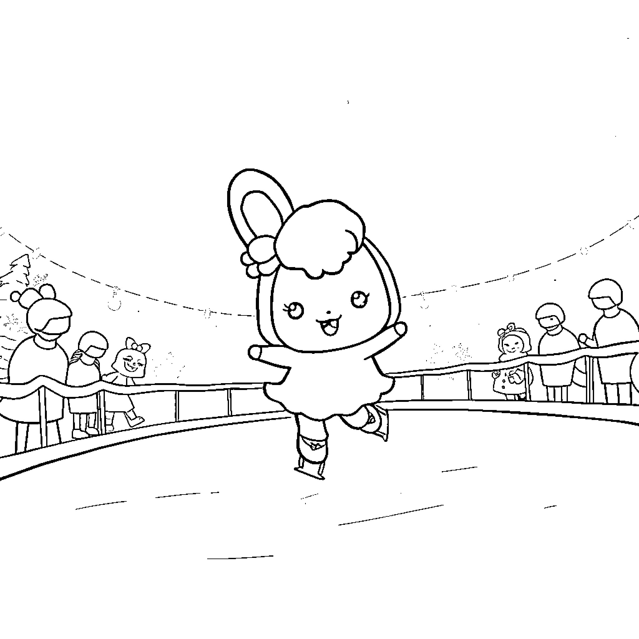 Cinnamoroll happily skating on the ice rink Coloring Page (free black-and-white line drawing printable PDF for all, from beginners to advanced learners, including children, teens, adults, and seniors)
