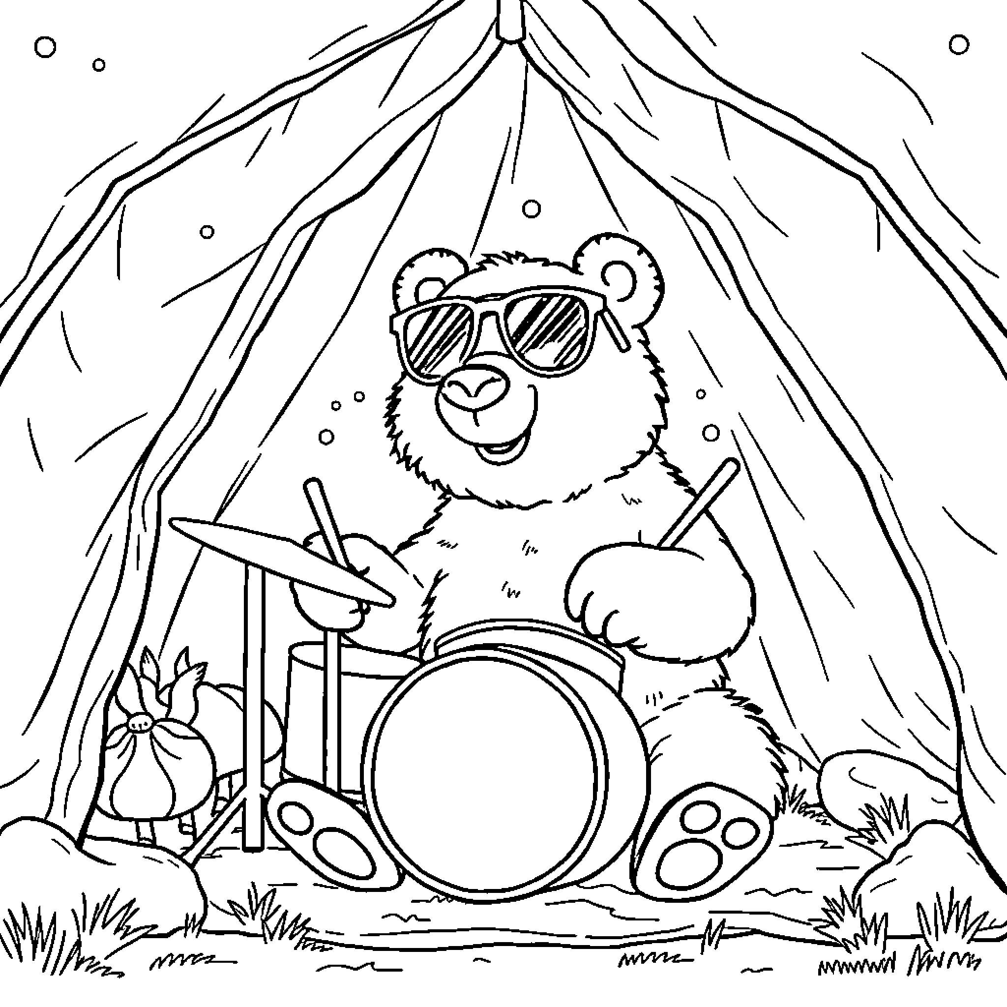 Polar Bear Playing Music in Campsite Coloring Page (free black-and-white line drawing printable PDF for all, from beginners to advanced learners, including children, teens, adults, and seniors)