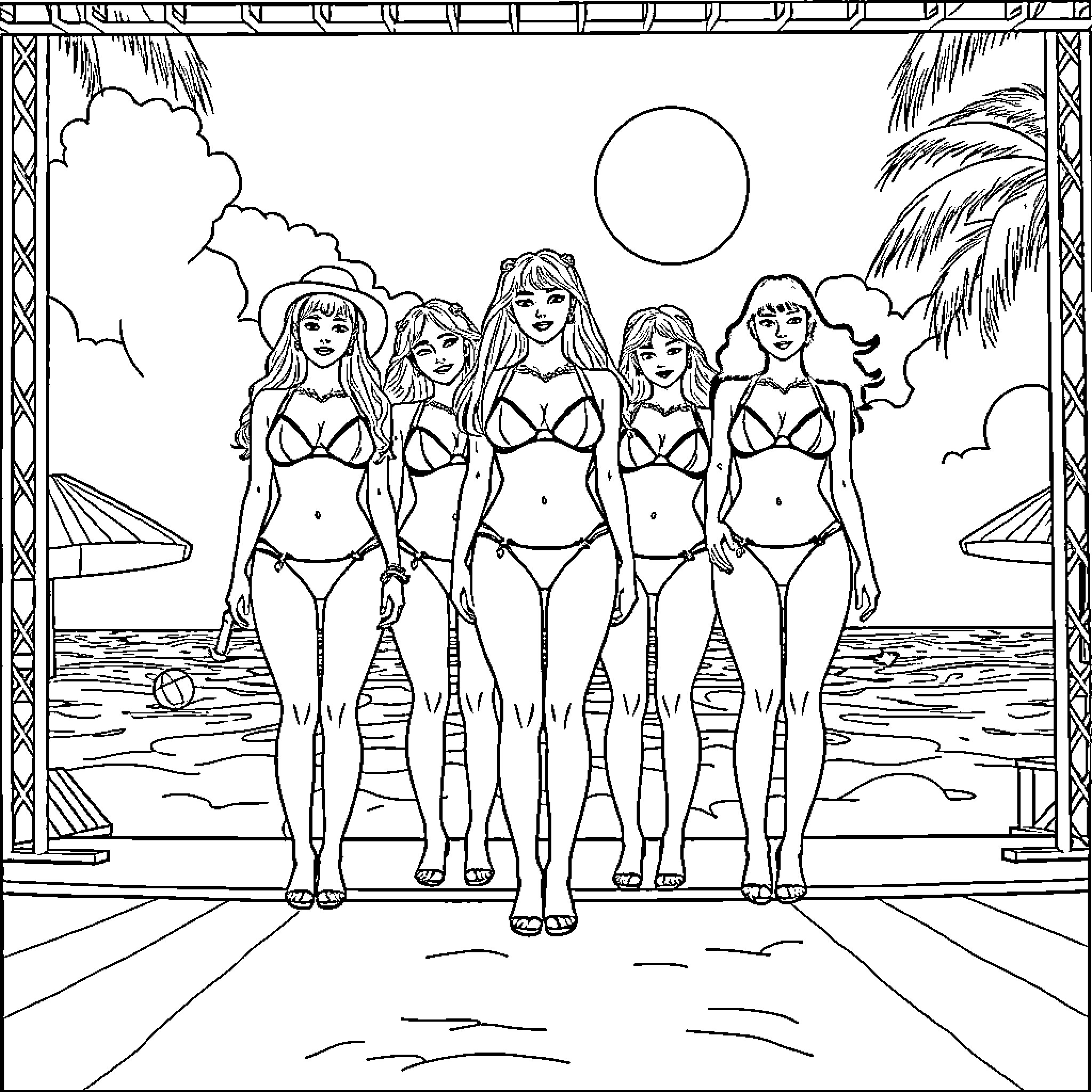 Kpop group posing on the beach Coloring Page (free black-and-white line drawing printable PDF for all, from beginners to advanced learners, including children, teens, adults, and seniors)