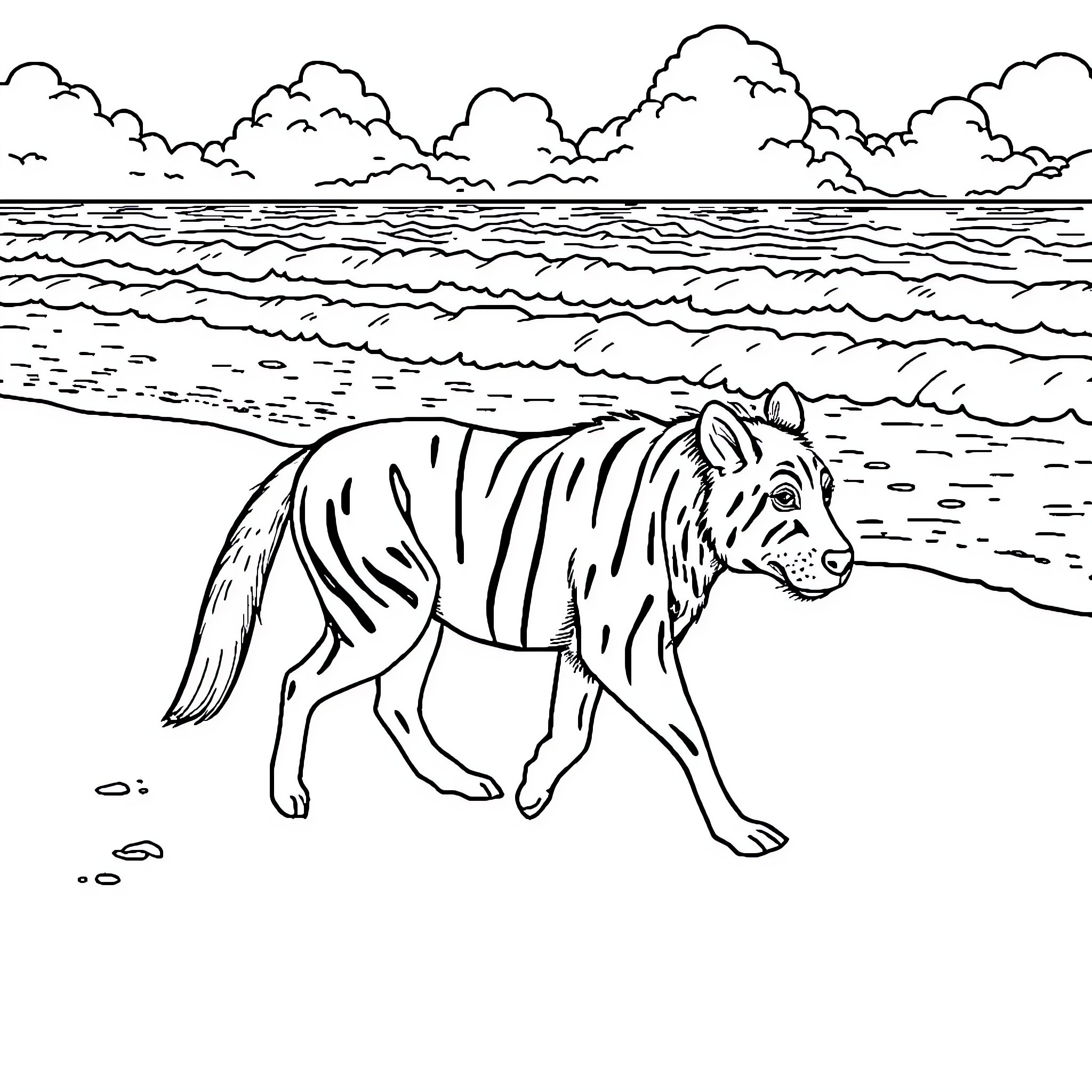 Kwai's Coastal Prowess: A Zebra Roams the Shores Coloring Page (free black-and-white line drawing printable PDF for all, from beginners to advanced learners, including children, teens, adults, and seniors)