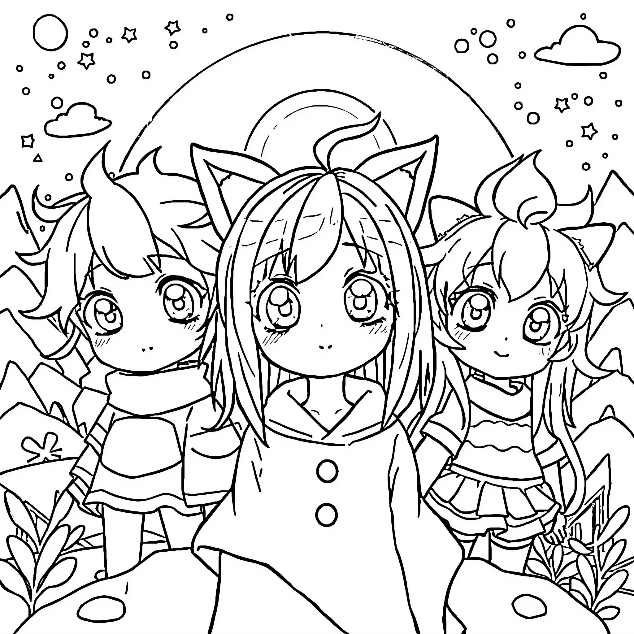 Anime characters in a whimsical nature scene Coloring Page (free black-and-white line drawing printable PDF for all, from beginners to advanced learners, including children, teens, adults, and seniors)
