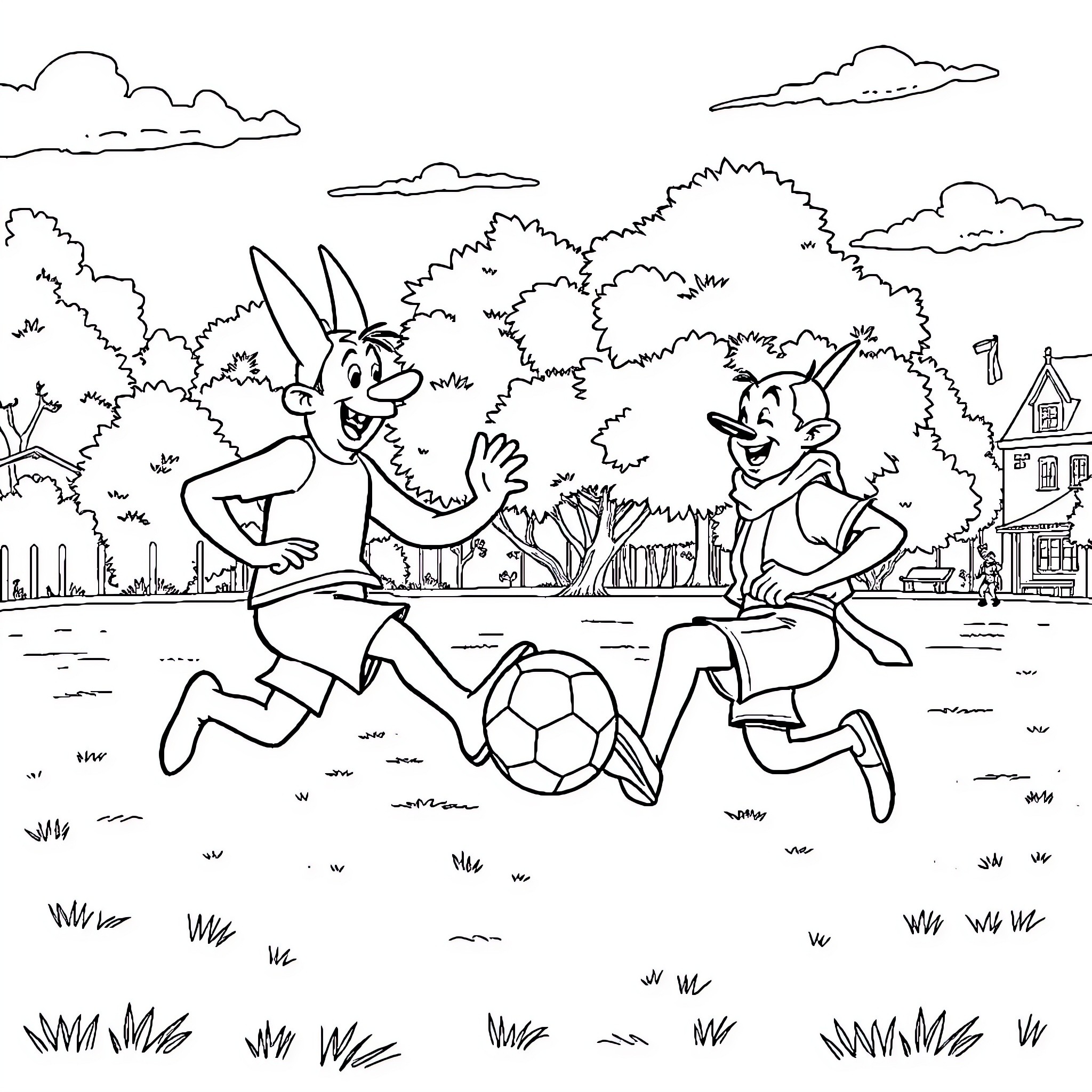 Asterix and Obelix playing soccer in the park Coloring Page (free black-and-white line drawing printable PDF for all, from beginners to advanced learners, including children, teens, adults, and seniors)