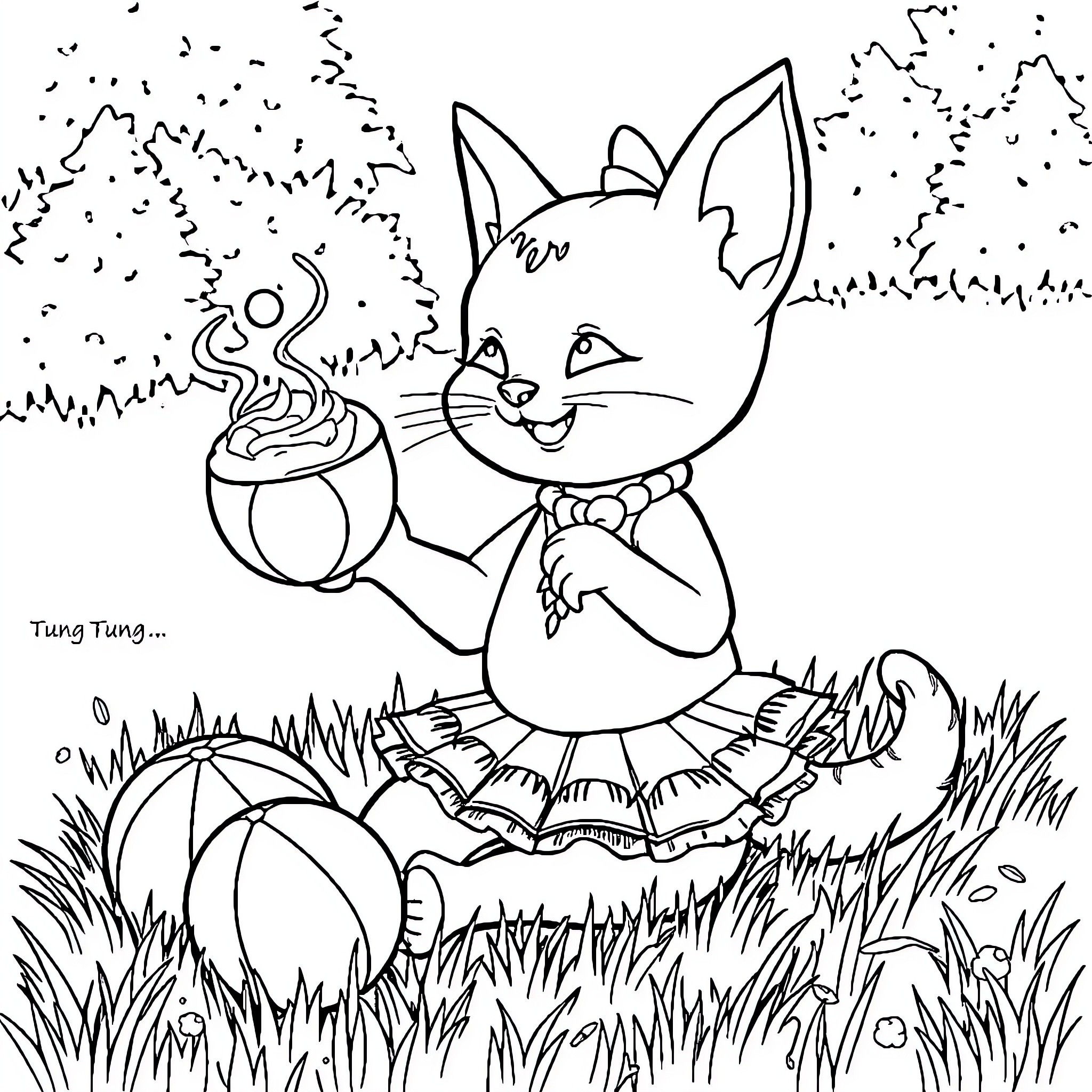 Ballerina cat dancing with a cauldron in a forest Coloring Page (free black-and-white line drawing printable PDF for all, from beginners to advanced learners, including children, teens, adults, and seniors)