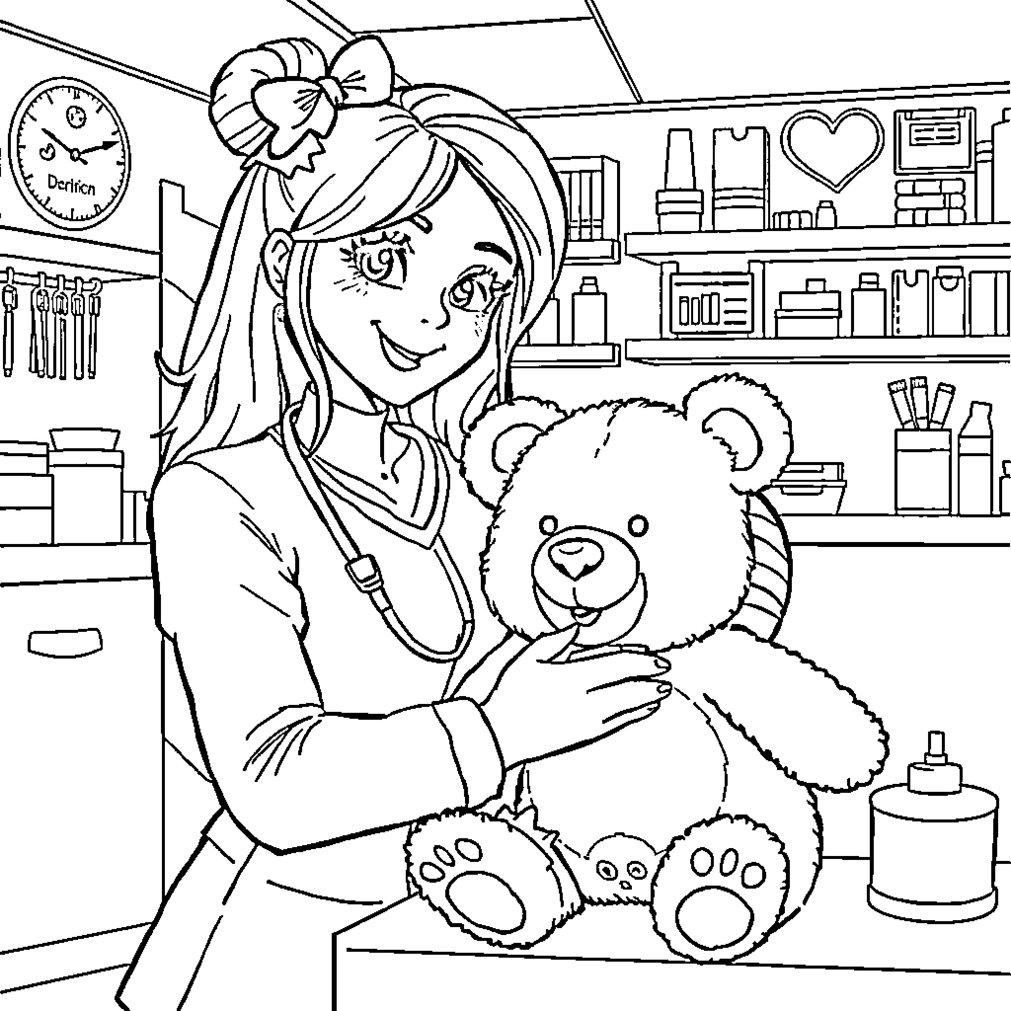 Doctor Examining Stuffed Toy in Medical Office Coloring Page (free black-and-white line drawing printable PDF for all, from beginners to advanced learners, including children, teens, adults, and seniors)