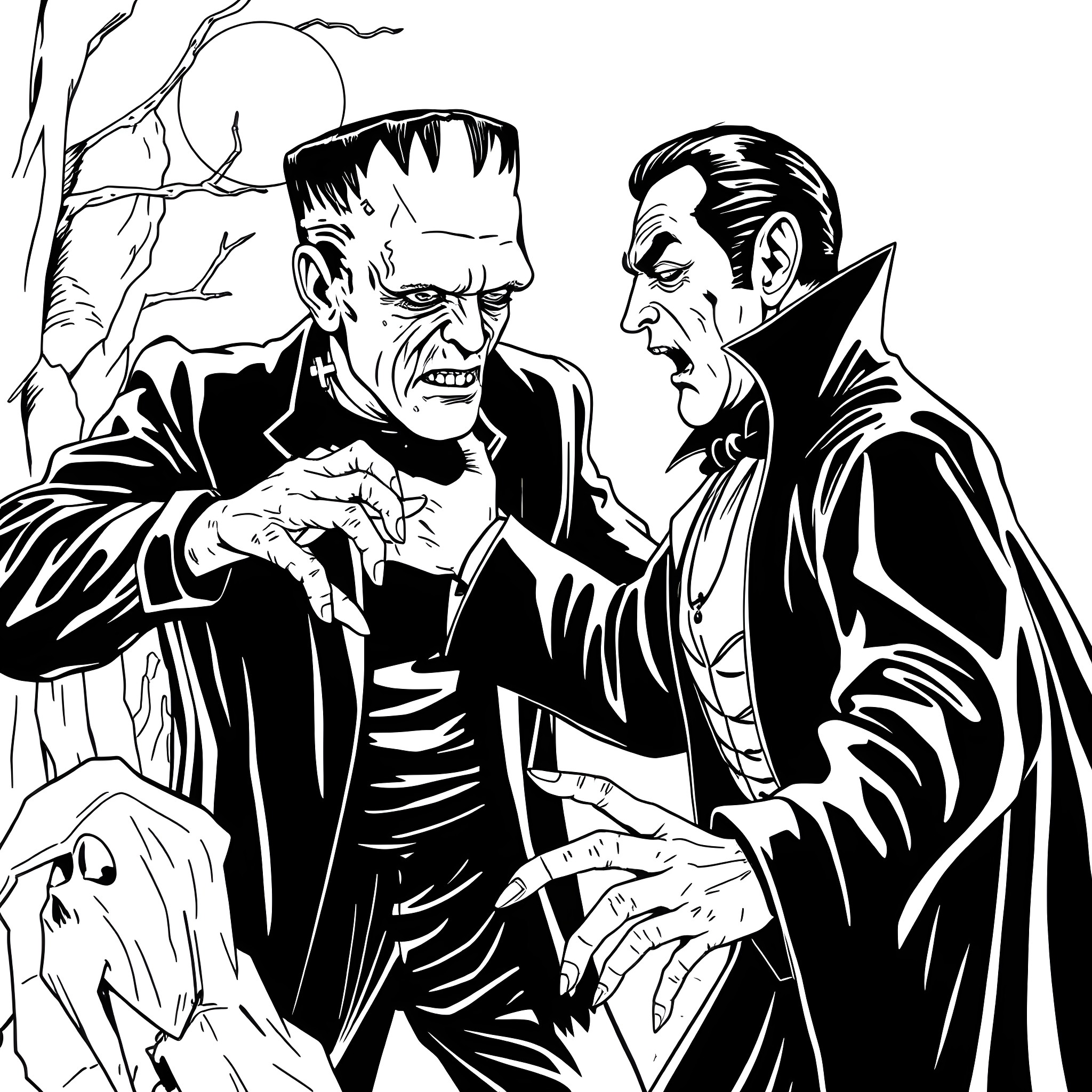 Frankenstein's Monster and Dracula in a Gothic Scene Coloring Page (free black-and-white line drawing printable PDF for all, from beginners to advanced learners, including children, teens, adults, and seniors)