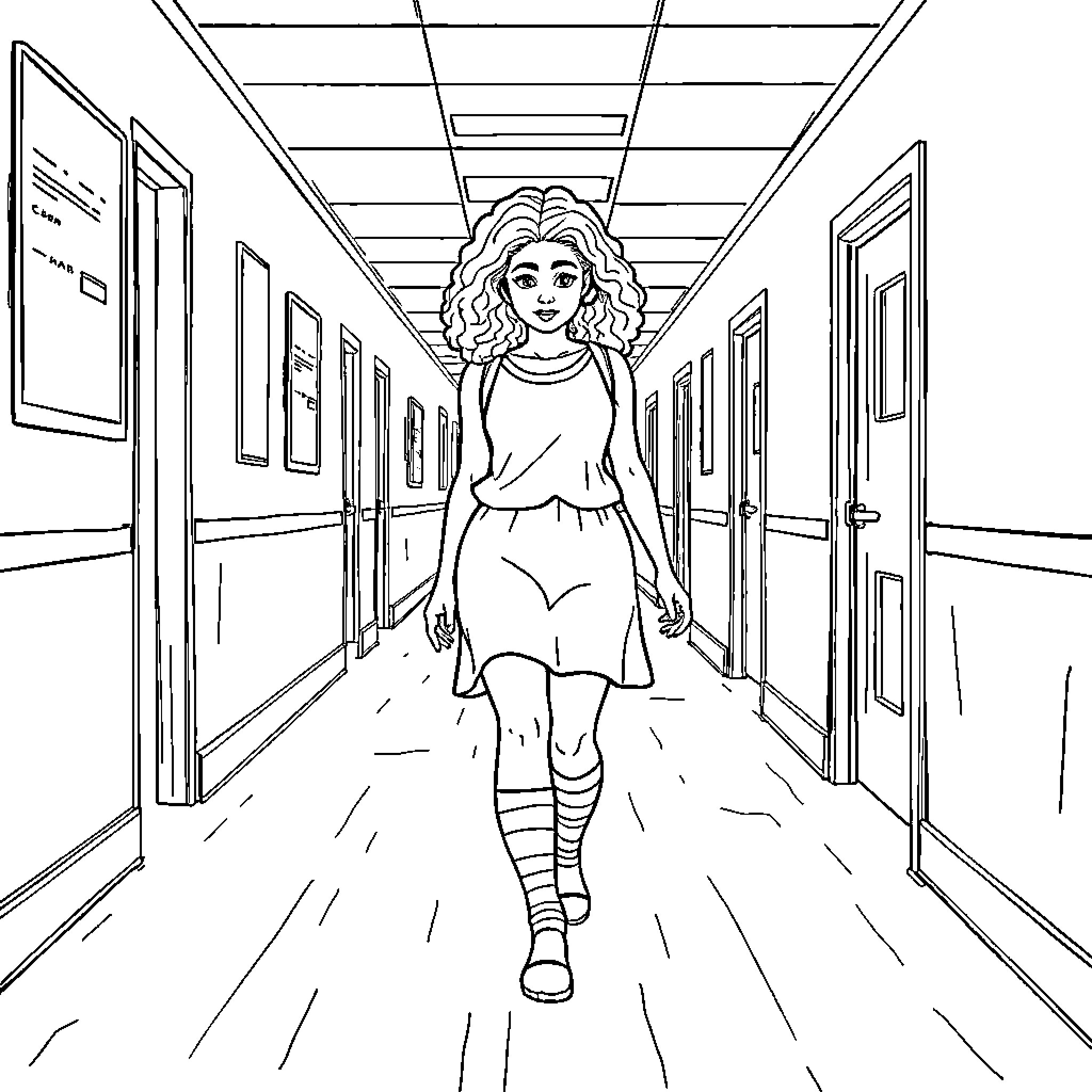 Socks walking confidently through school hallway Coloring Page (free black-and-white line drawing printable PDF for all, from beginners to advanced learners, including children, teens, adults, and seniors)
