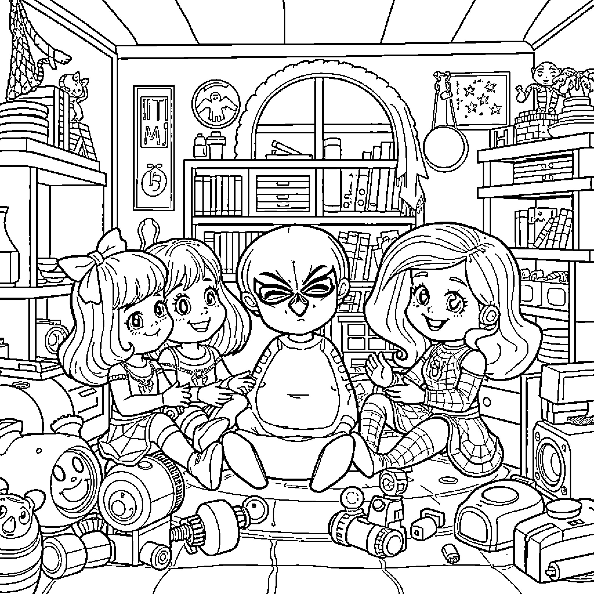 Gabby's Dollhouse - Friends Playing Together in Cozy Room Coloring Page (free black-and-white line drawing printable PDF for all, from beginners to advanced learners, including children, teens, adults, and seniors)