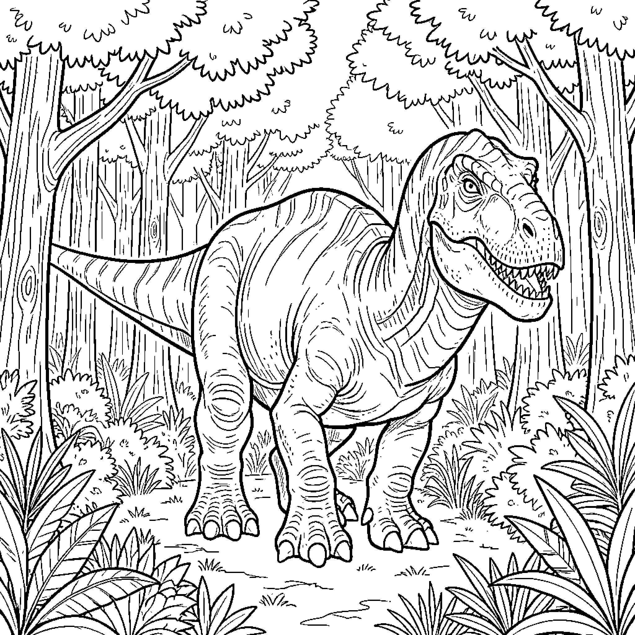 Dinosaur exploring the dense forest Coloring Page (free black-and-white line drawing printable PDF for all, from beginners to advanced learners, including children, teens, adults, and seniors)