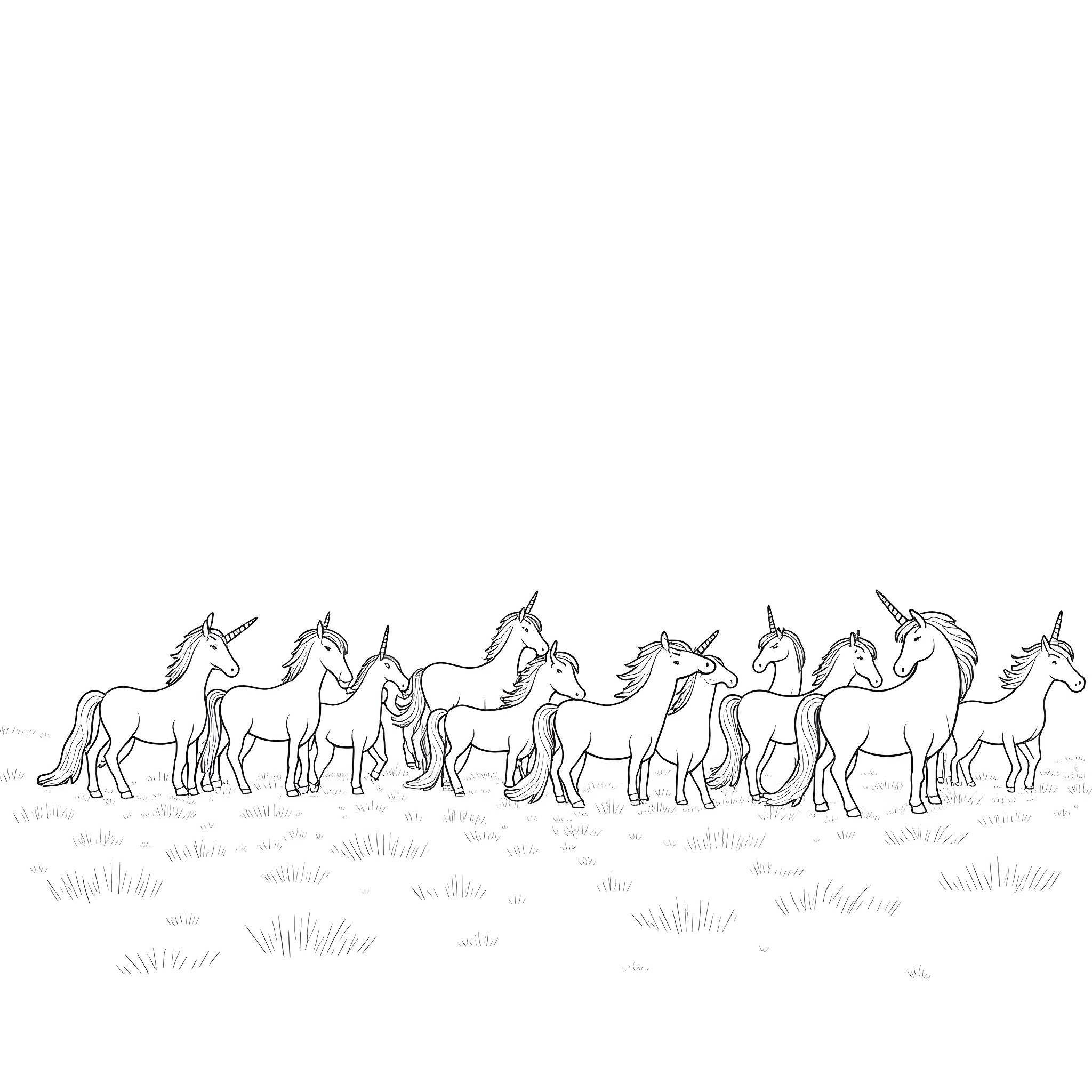 Unicorn herd galloping through the meadow Coloring Page (free black-and-white line drawing printable PDF for all, from beginners to advanced learners, including children, teens, adults, and seniors)