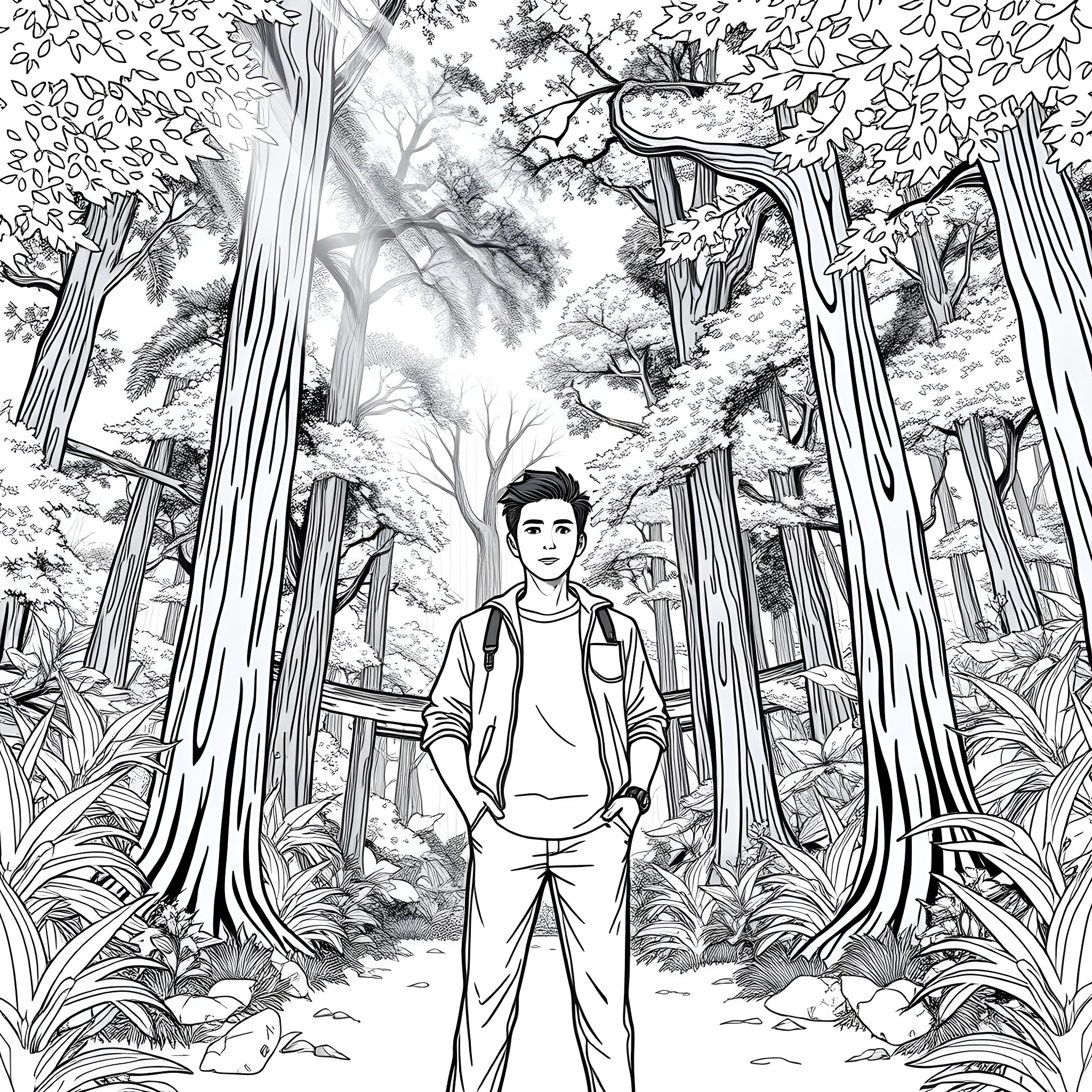 Asian Male exploring tranquil forest Coloring Page (free black-and-white line drawing printable PDF for all, from beginners to advanced learners, including children, teens, adults, and seniors)