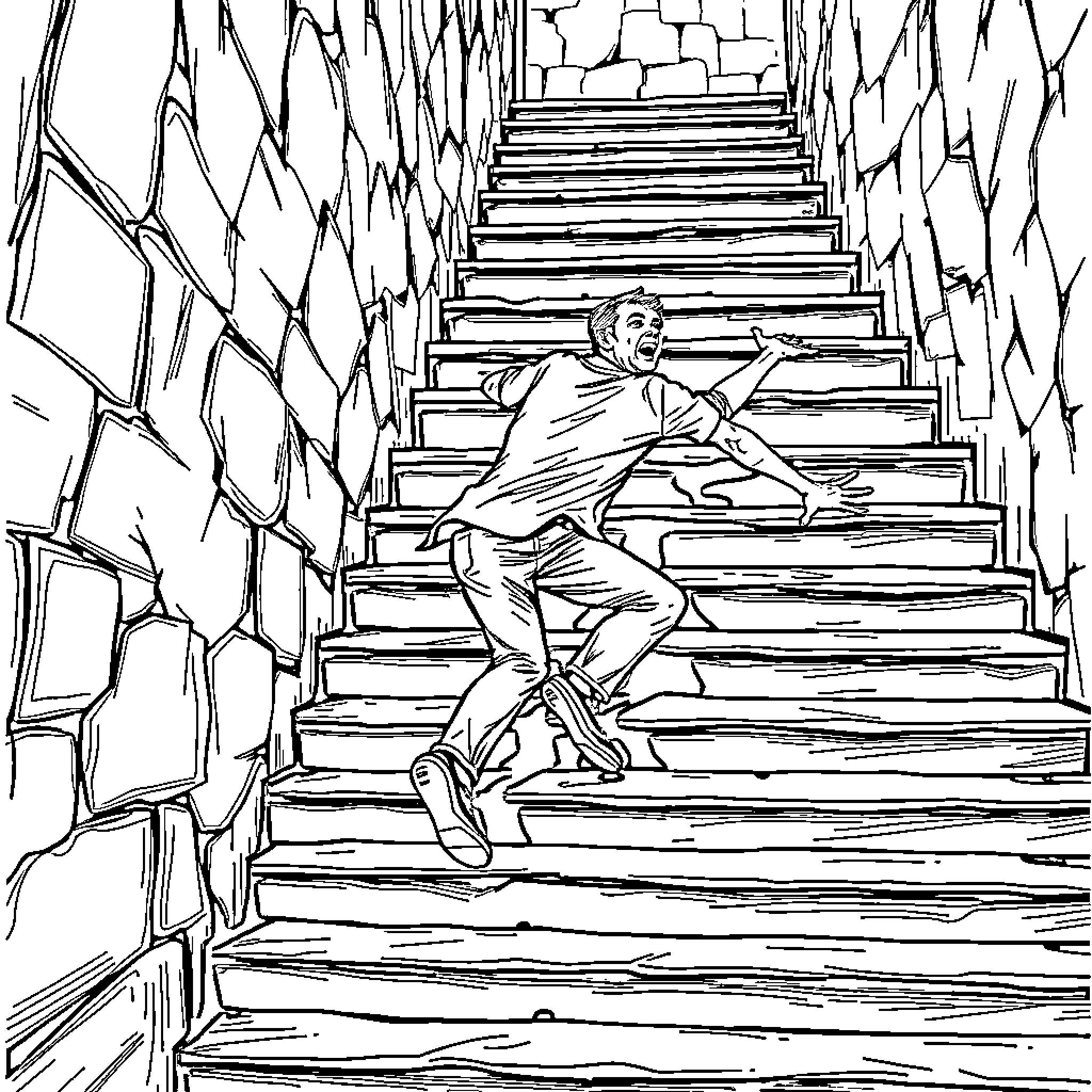 Man climbing up treacherous stone staircase Coloring Page (free black-and-white line drawing printable PDF for all, from beginners to advanced learners, including children, teens, adults, and seniors)