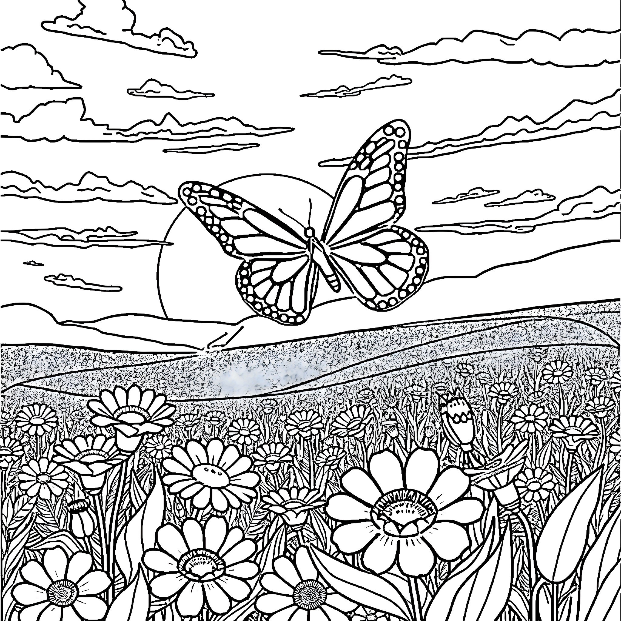 Butterfly in a Tranquil Floral Meadow Coloring Page (free black-and-white line drawing printable PDF for all, from beginners to advanced learners, including children, teens, adults, and seniors)
